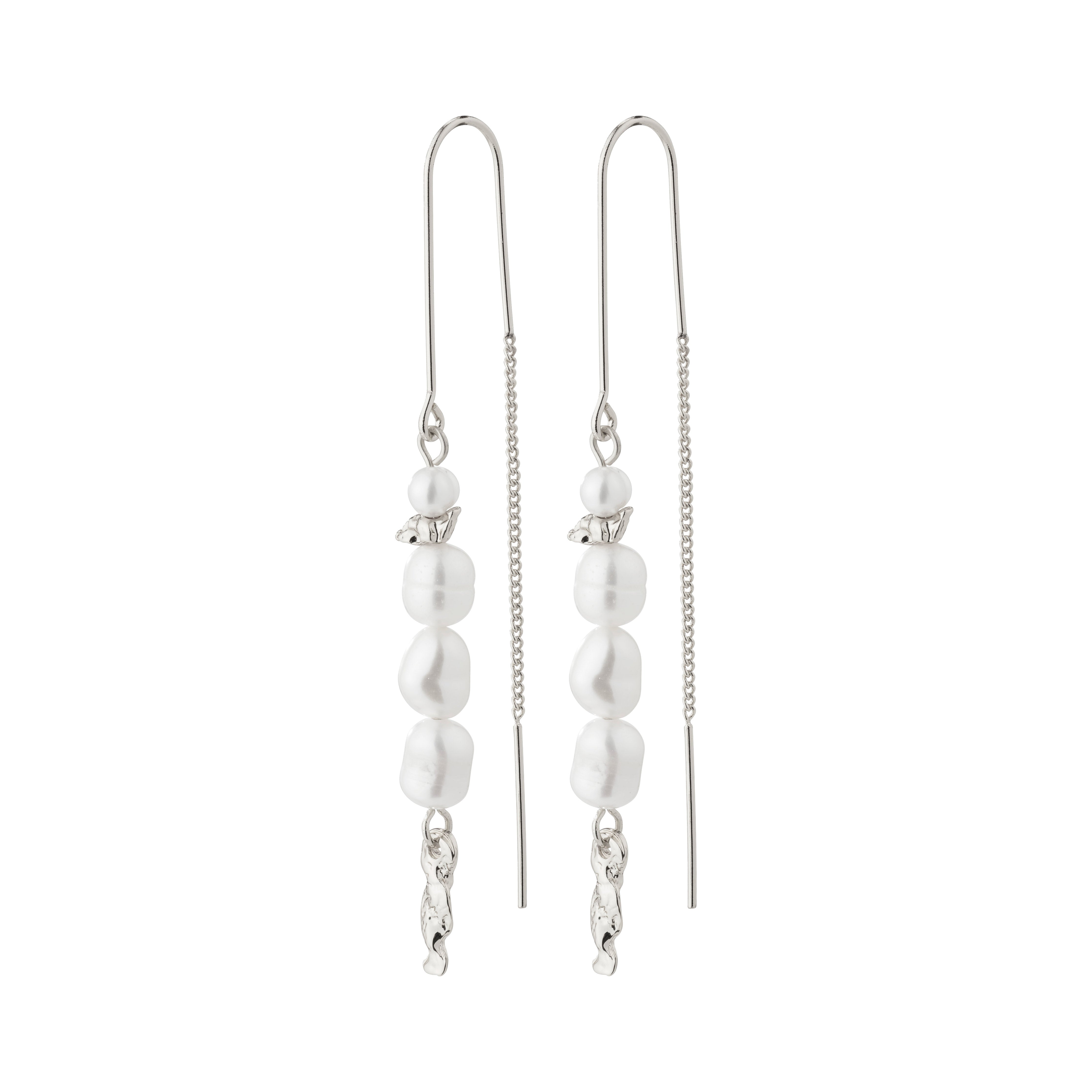 BERTHE pearl chain earrings, silver-plated, featuring long chains with genuine freshwater pearls, from Pilgrim's collection, showcasing elegance with organic design elements.