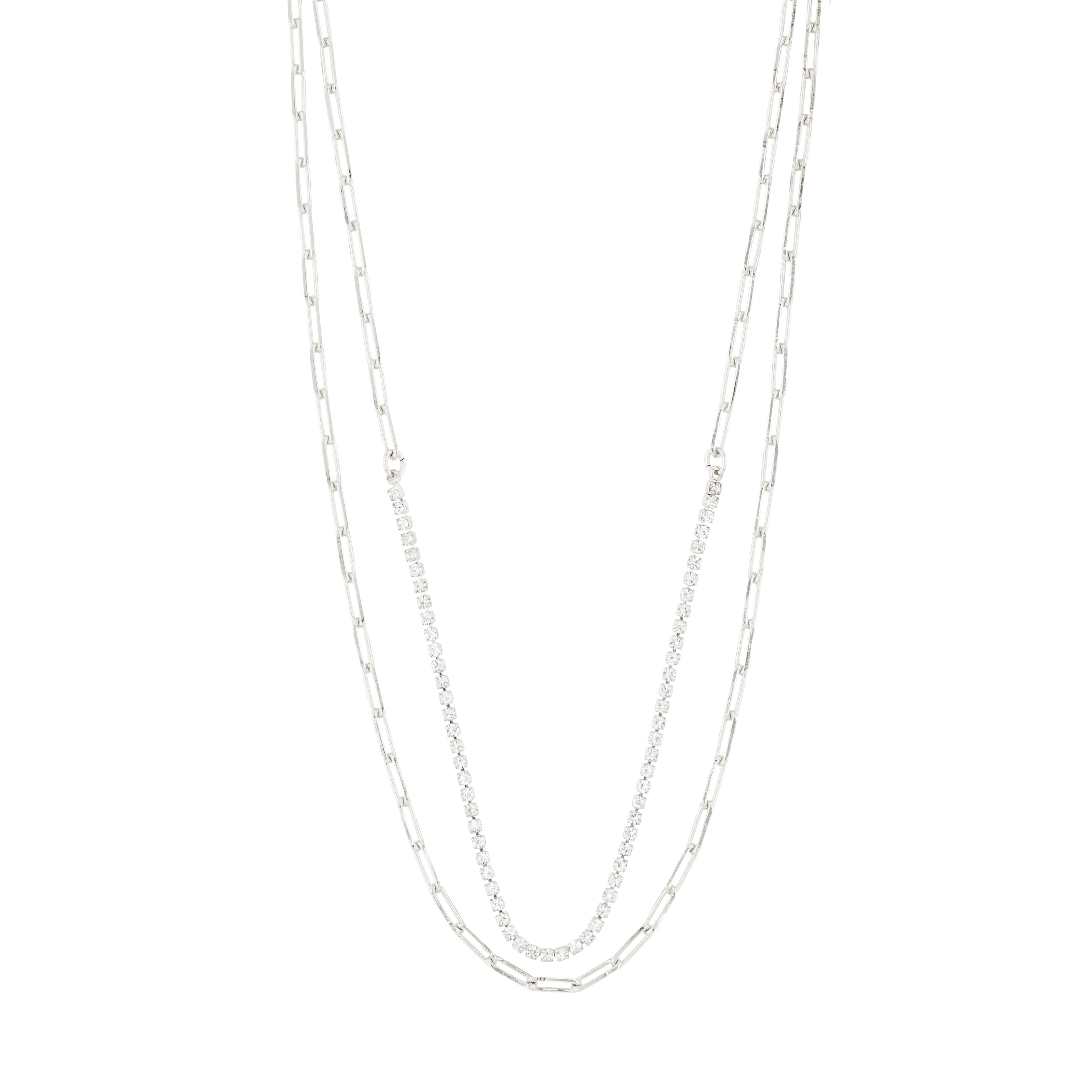 ROWAN necklace, 2-in-1, silver-plated with oval link cable chains and sparkling crystals, offering a stylish layered look for trendsetters.
