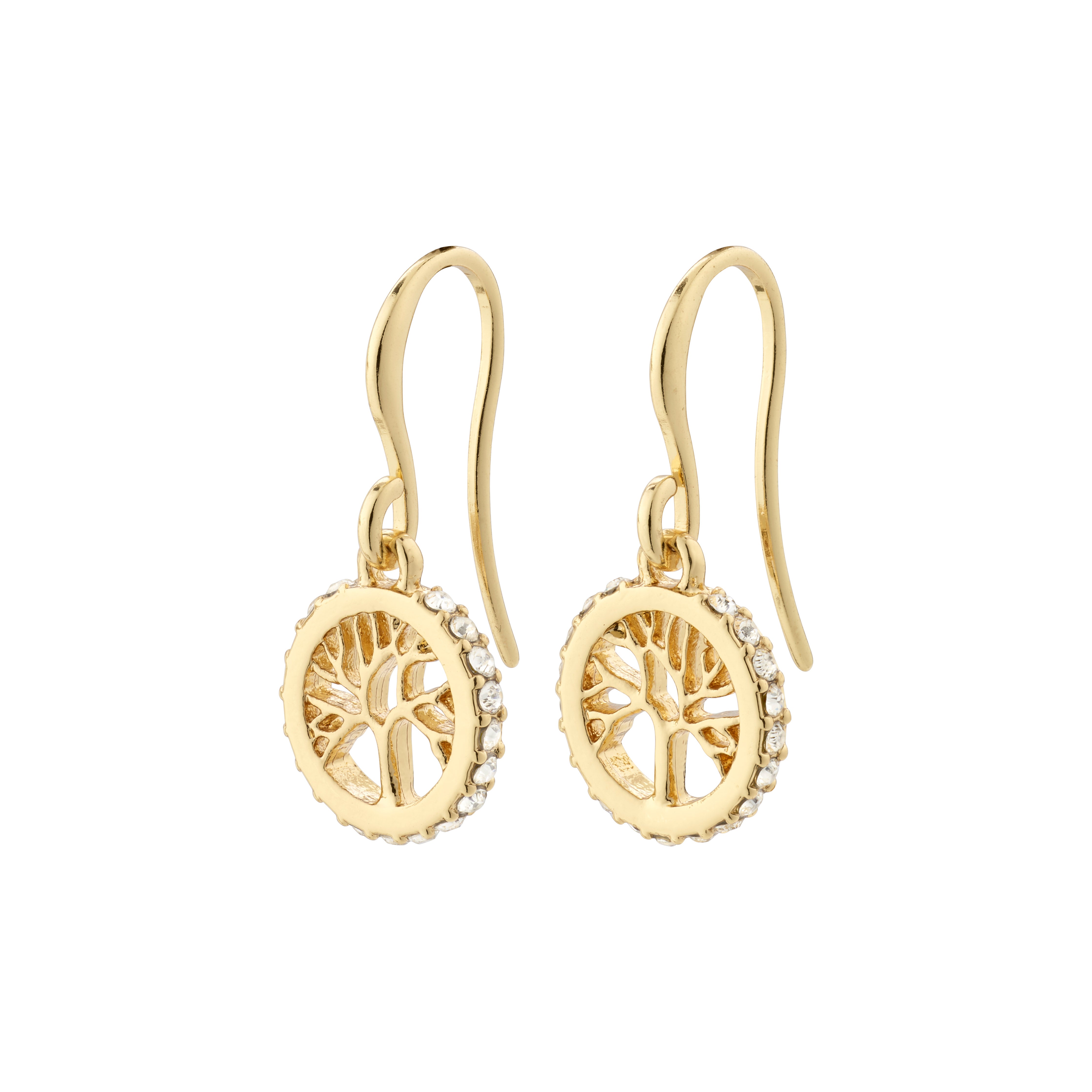 ALIA earrings gold-plated with circular pendants, featuring Preciosa crystals and Tree of Life carvings, symbolizing strength and connection. Timeless, handcrafted Danish jewelry.