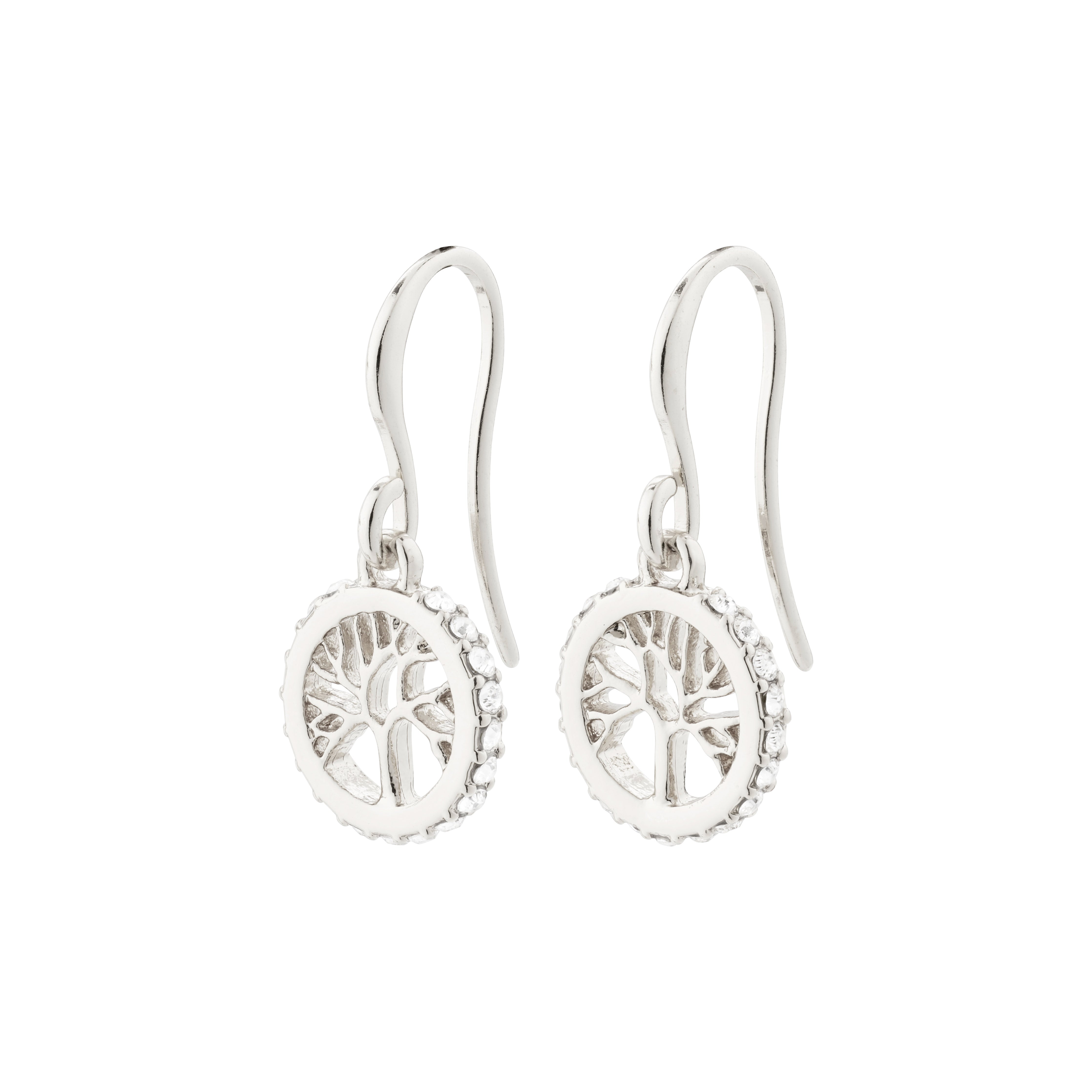 Silver-plated ALIA earrings featuring circular pendants with Tree of Life carvings and Preciosa crystals, symbolizing longevity and strength. Crafted with 95% recycled materials.
