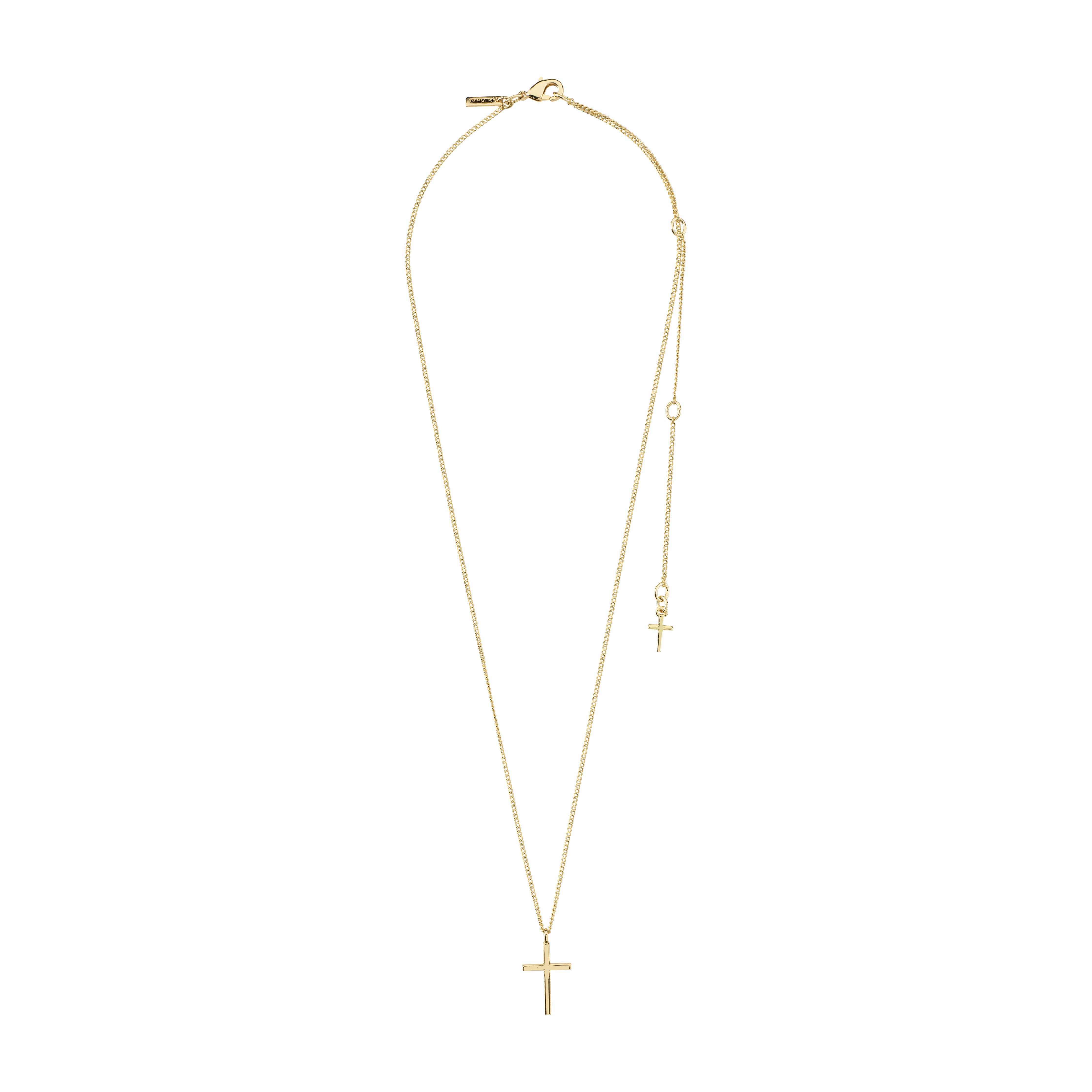 Gold-plated FLYNN necklace with a slim curb chain and polished cross pendant, emphasizing timeless style and sustainable craftsmanship from Pilgrim.