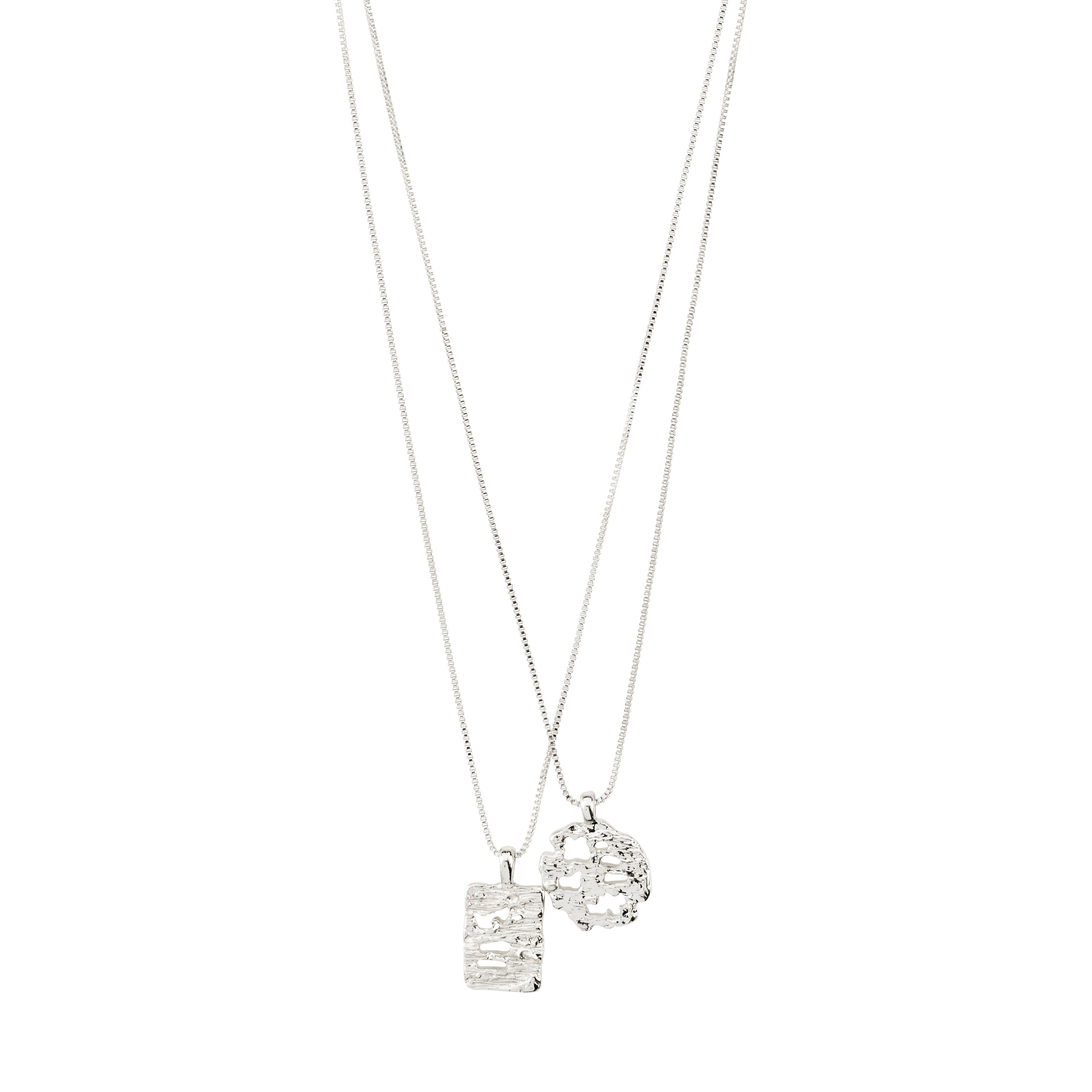 BRENDA pendant necklace 2-in-1 set silver-plated, featuring a square and coin-shaped pendant with perforated designs on 40 cm/45 cm chains.