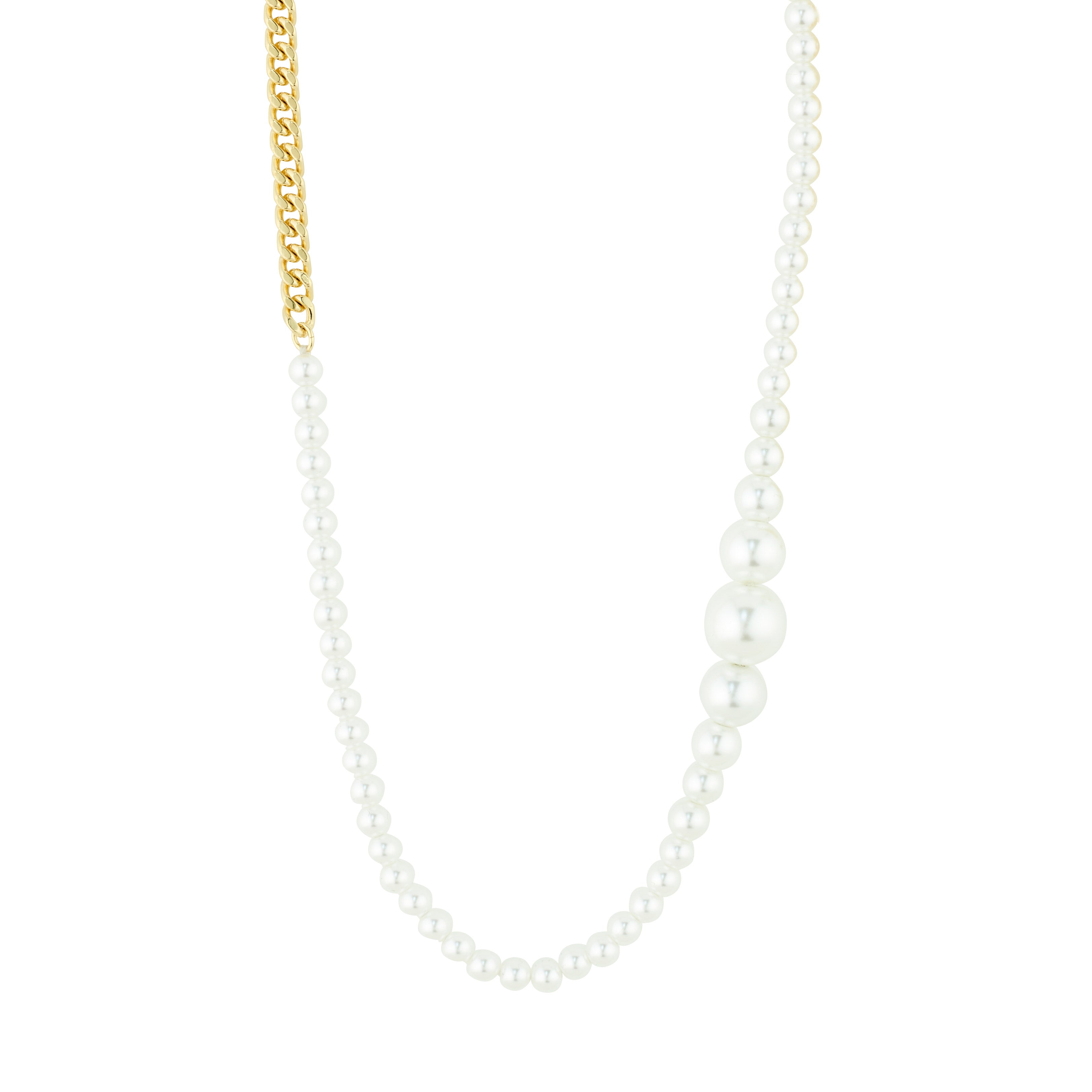 RELANDO pearl necklace gold-plated features white glass pearls of varying sizes and a chunky curb chain, blending classic elegance with urban style.