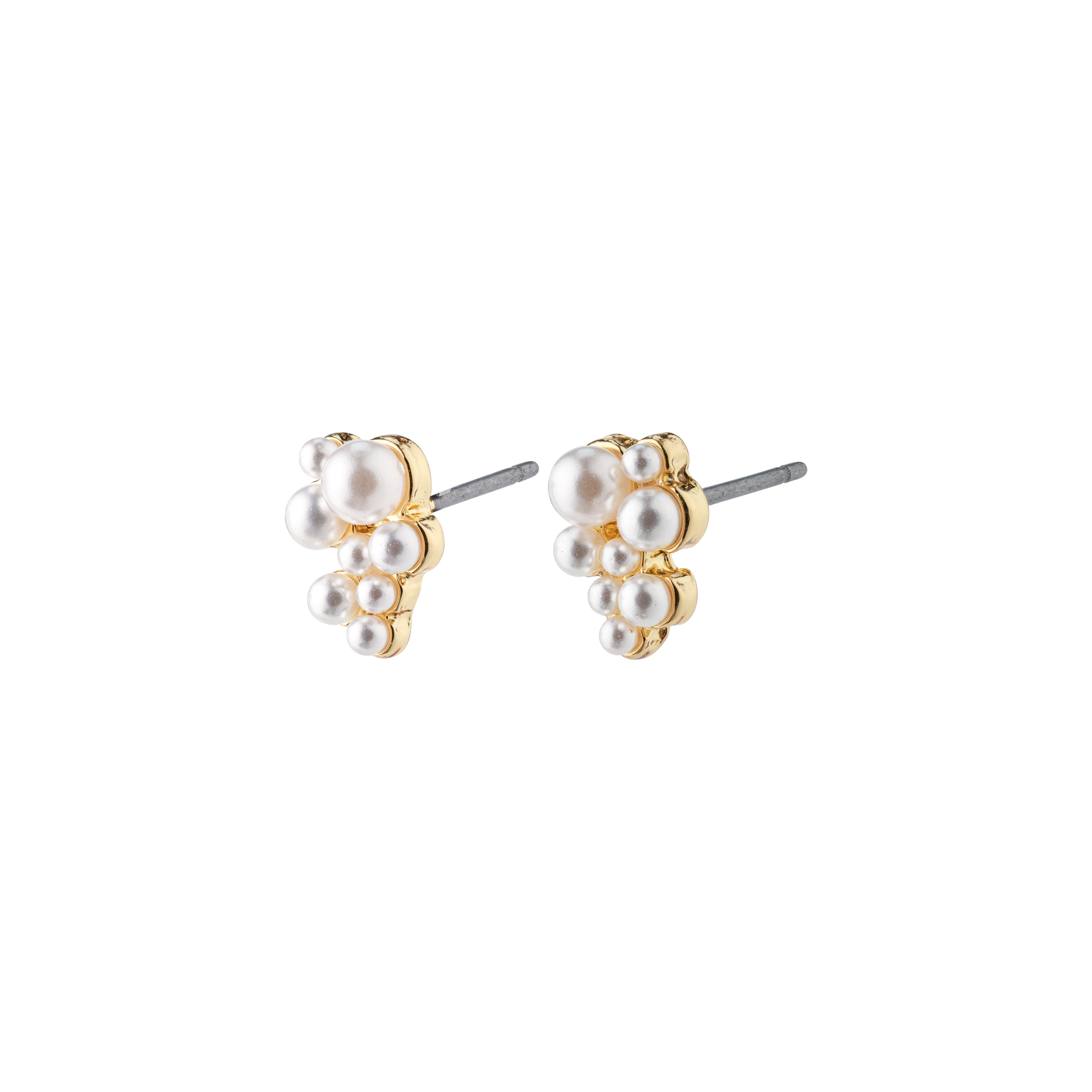 RELANDO pearl earrings gold-plated, featuring micro studs with clusters of tiny white glass pearls in a gold-plated setting, perfect for a classic or curated ear look.