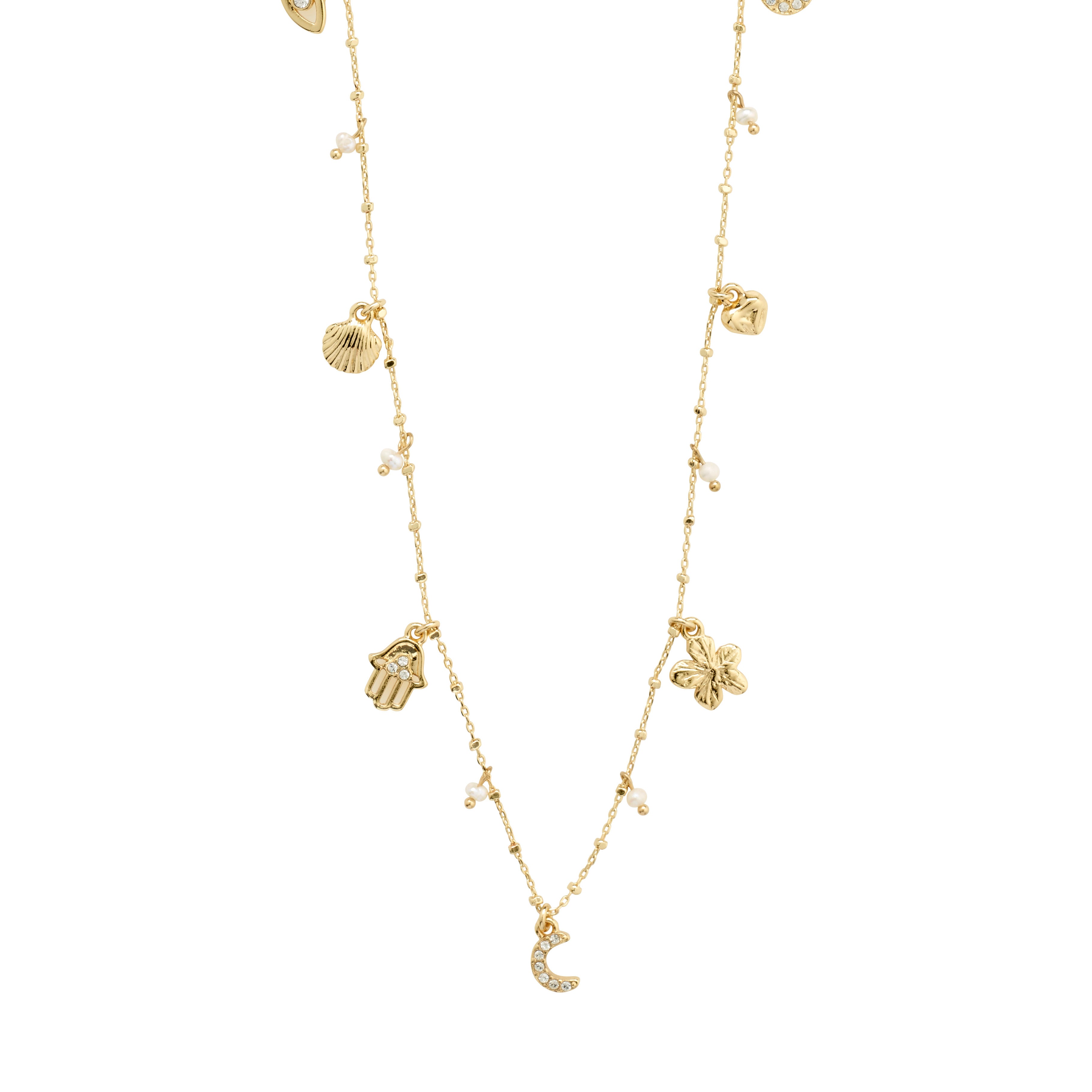 PRUCENCE necklace gold-plated with charms including heart, flower, and seashell, featuring freshwater pearl and Preciosa crystals on a 38 cm chain with extension.