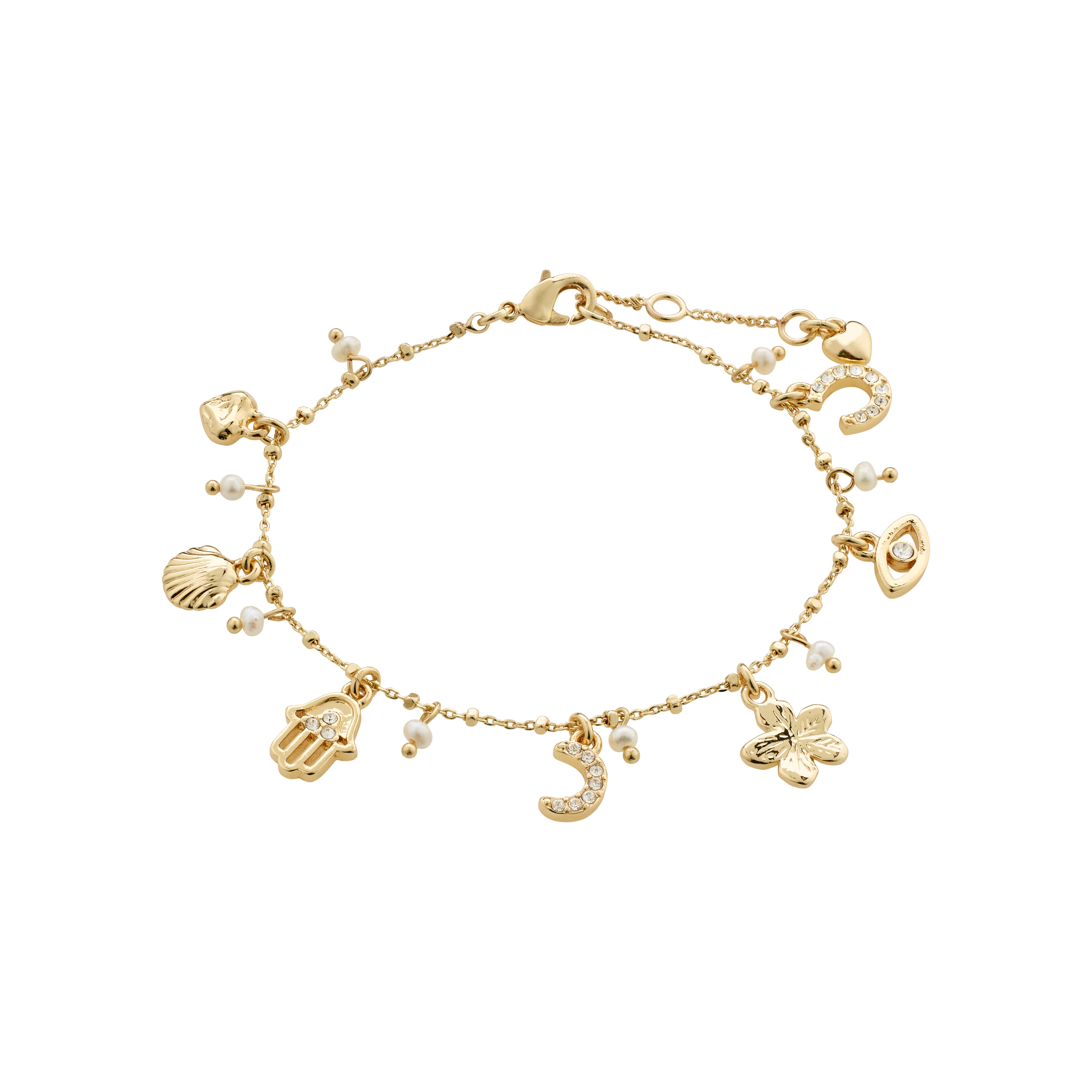 PRUCENCE gold-plated bracelet with charms including heart, moon, horseshoe, and seashell, featuring freshwater pearl and Preciosa crystals for a romantic, symbolic touch.