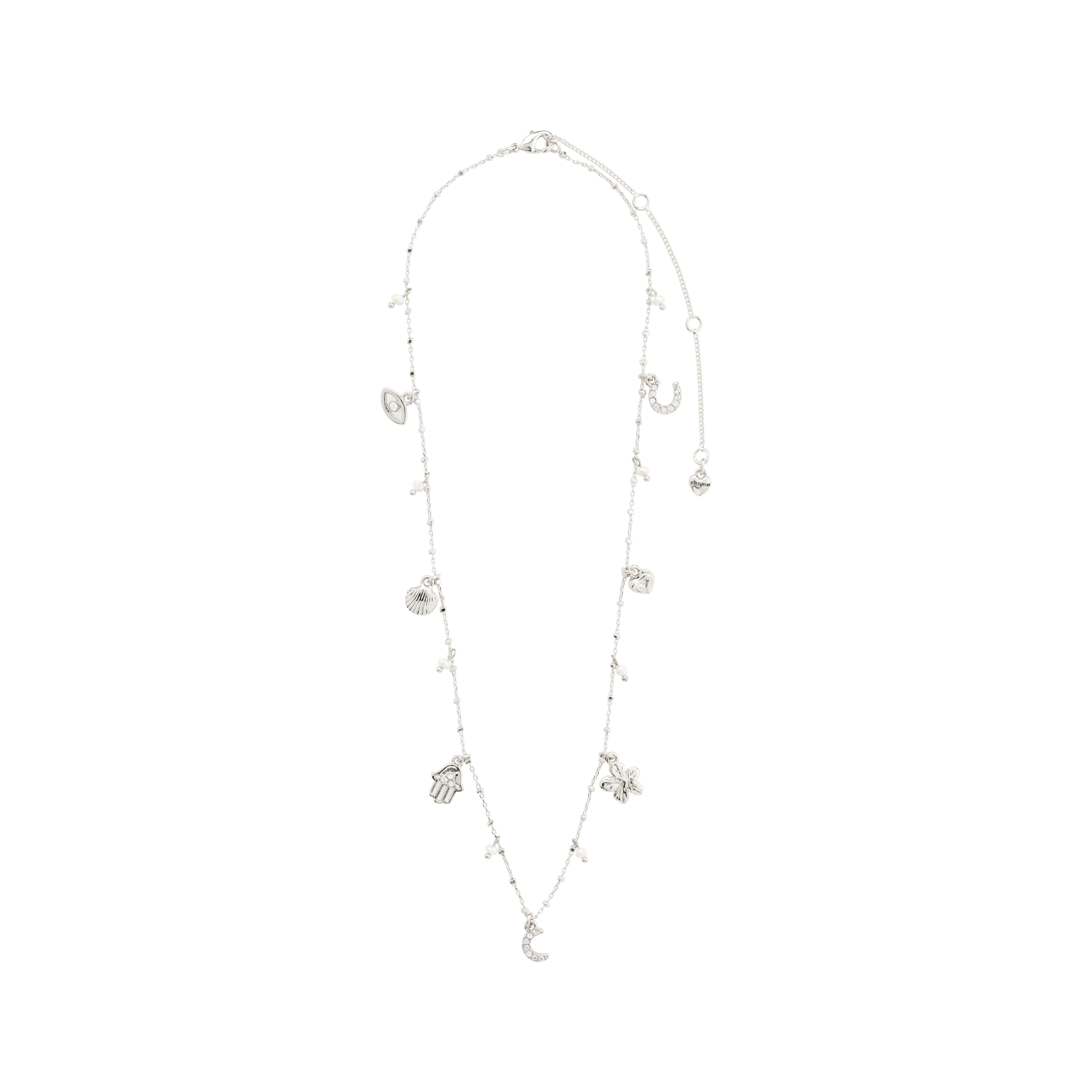 PRUCENCE necklace, silver-plated, features small charms and a silver flower pendant, including a Hamsa and horseshoe, symbolizing elegance and connection.