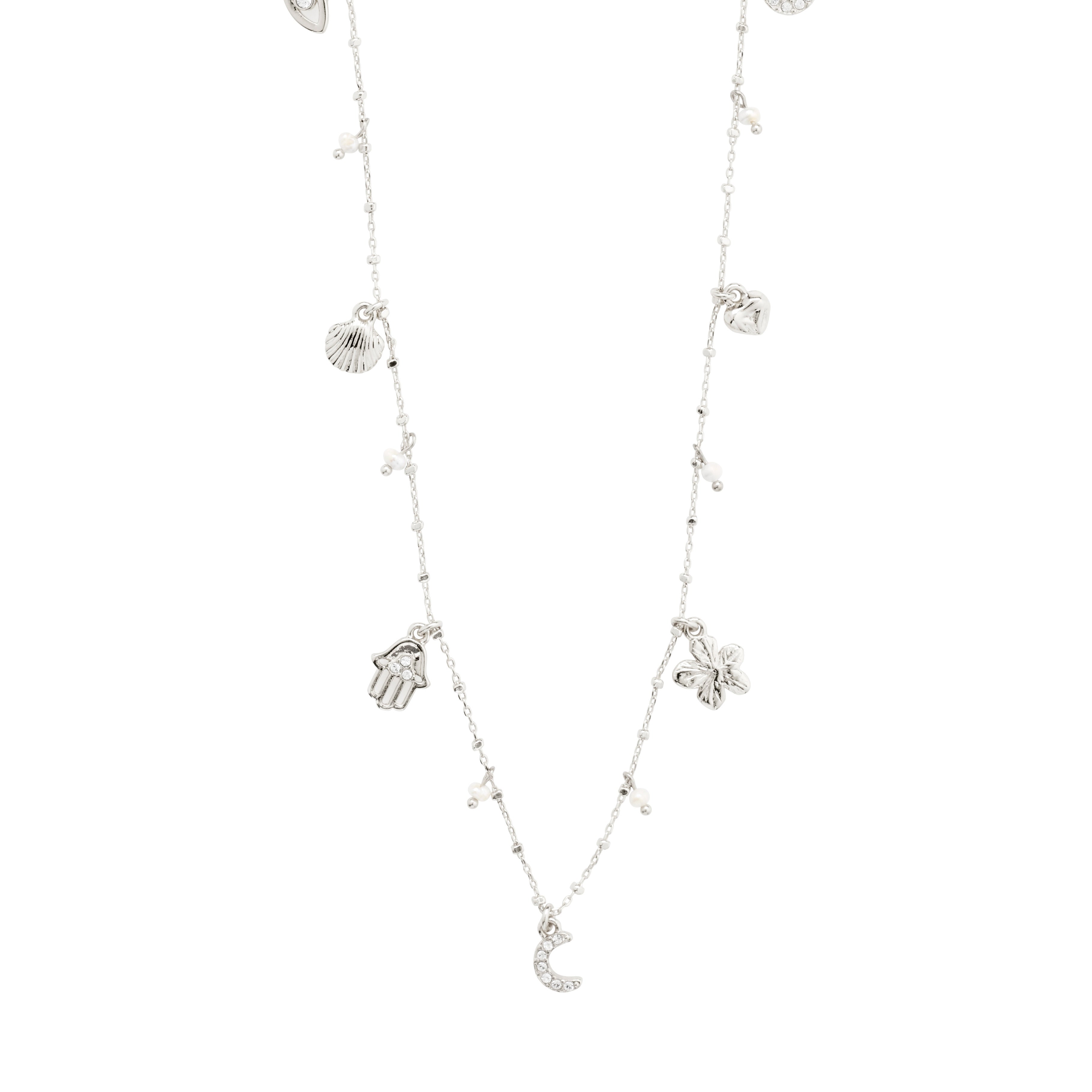 PRUCENCE necklace silver-plated with assorted charms including heart, flower, shell, and more, featuring freshwater pearls and Preciosa crystals on a silver-plated chain.