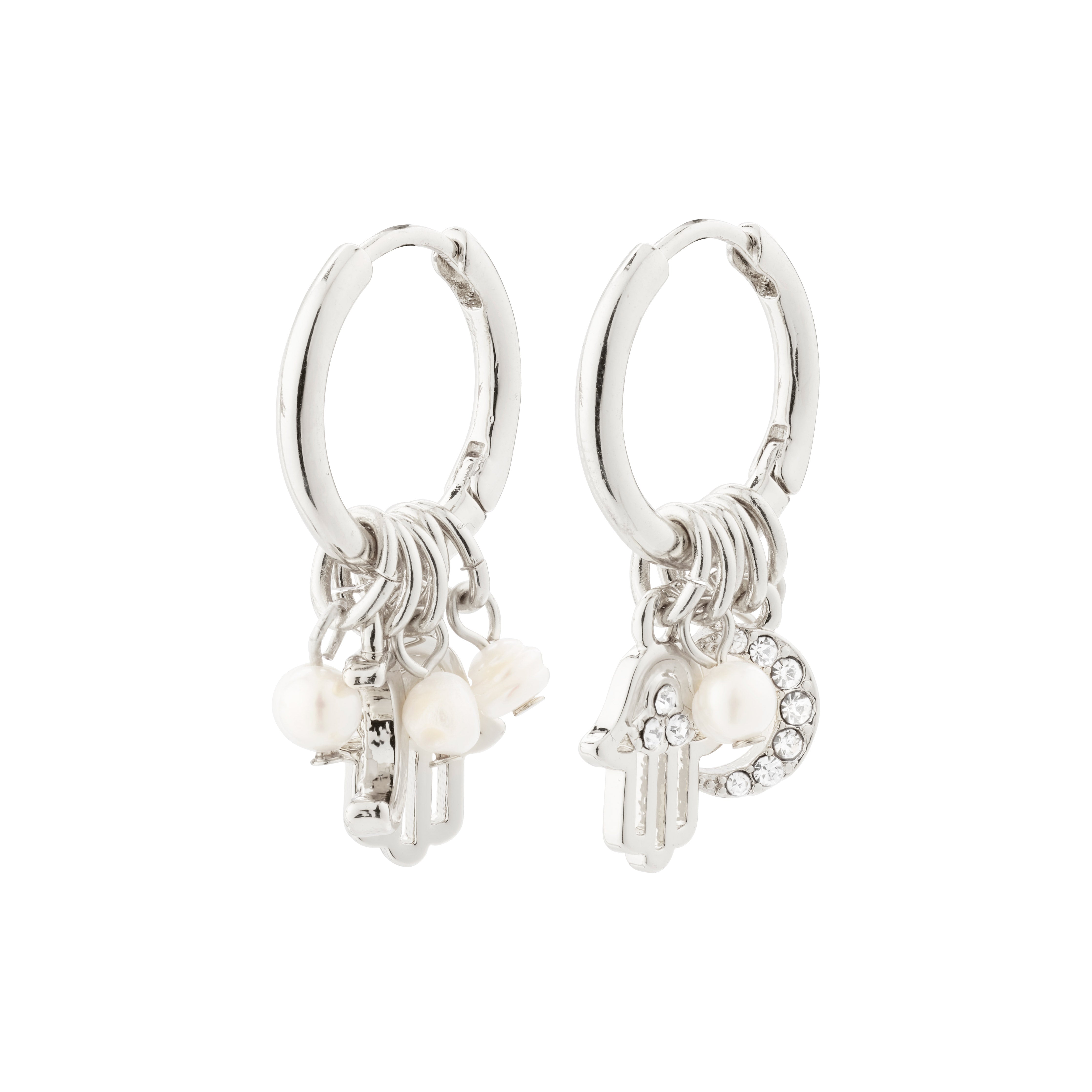 PRUCENCE silver-plated earrings by Pilgrim: charming hoops with moon and Hamsa charms, freshwater pearl, and Preciosa crystals, featuring an easy click clasp.