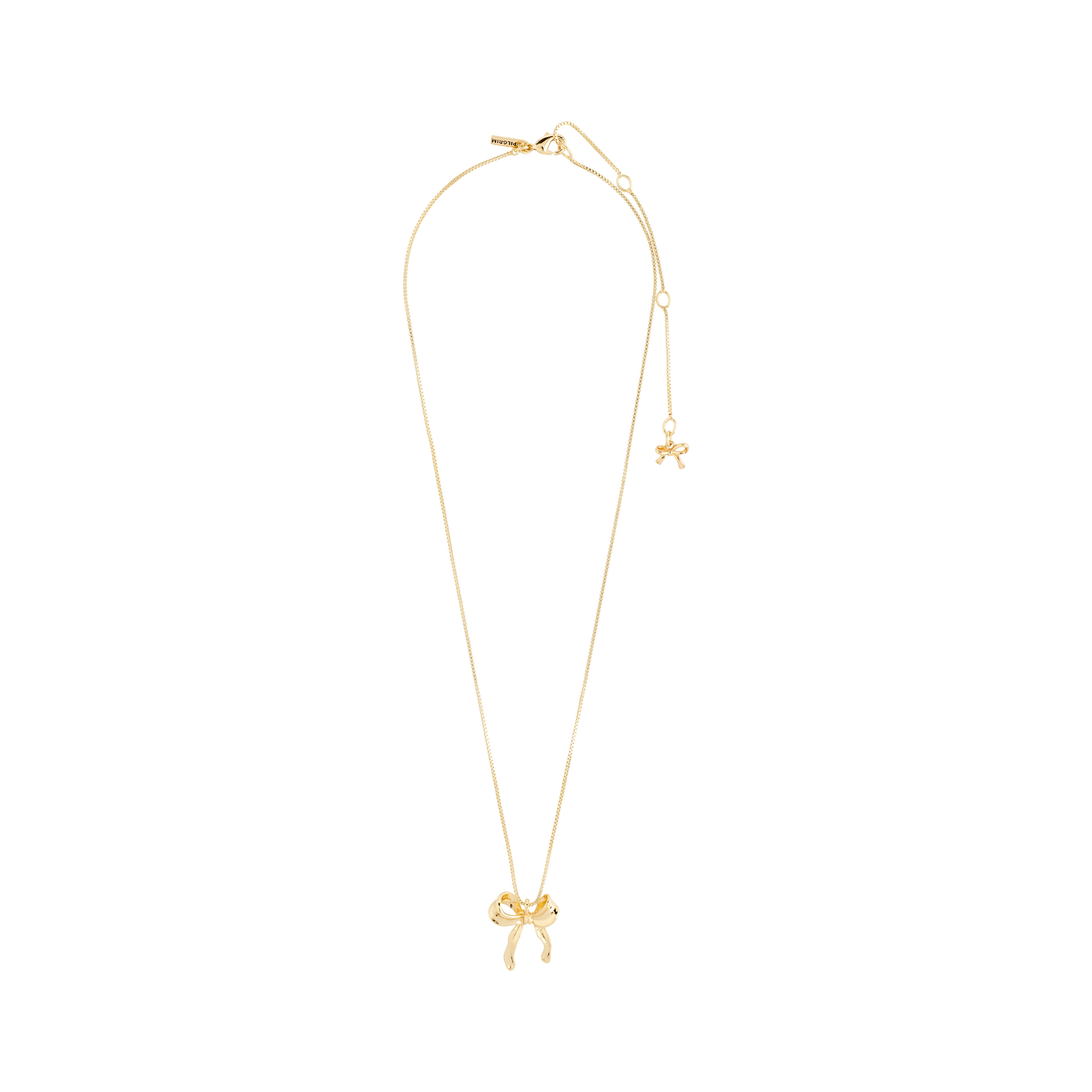 CASSIAN necklace gold-plated features a delicate gold bow pendant on a slim box chain, perfect for adding elegance and style to any outfit.
