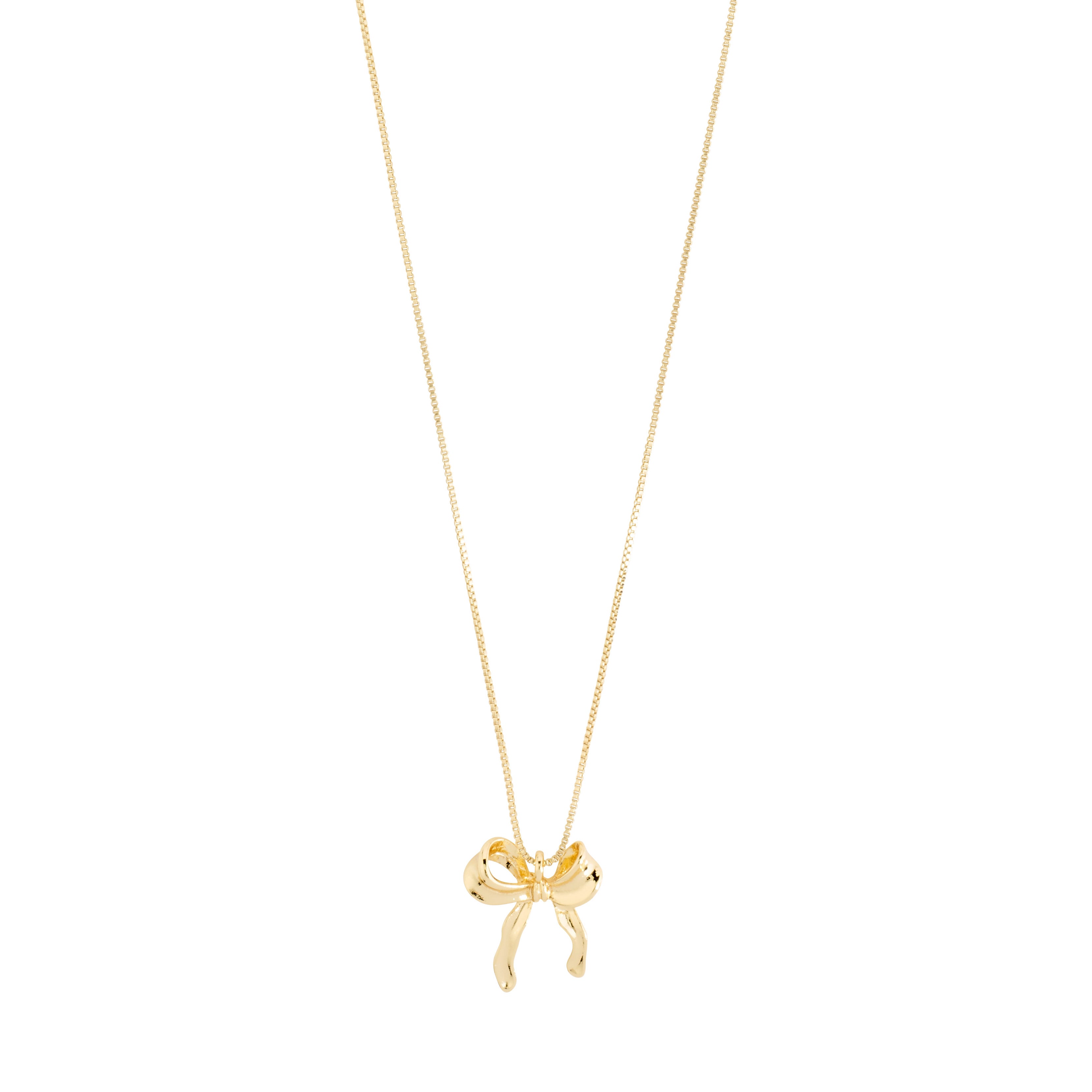 CASSIAN necklace gold-plated features a gold bow pendant on a slim box chain, offering a chic, sustainable accessory choice from Pilgrim.