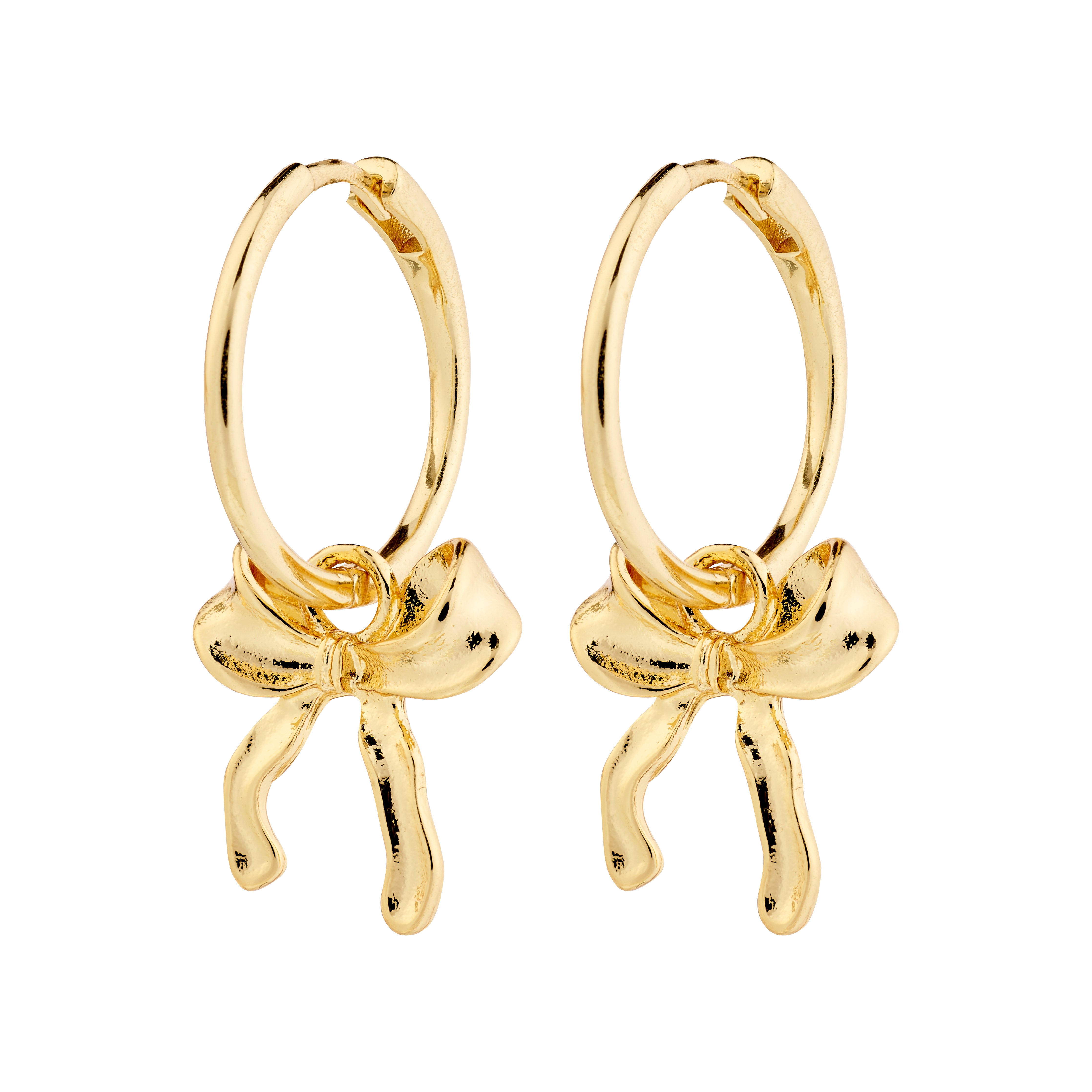 CASSIAN gold-plated hoop earrings with bow pendants, featuring a click clasp for easy styling, crafted from 99% recycled materials. Perfect for trendy, everyday wear.