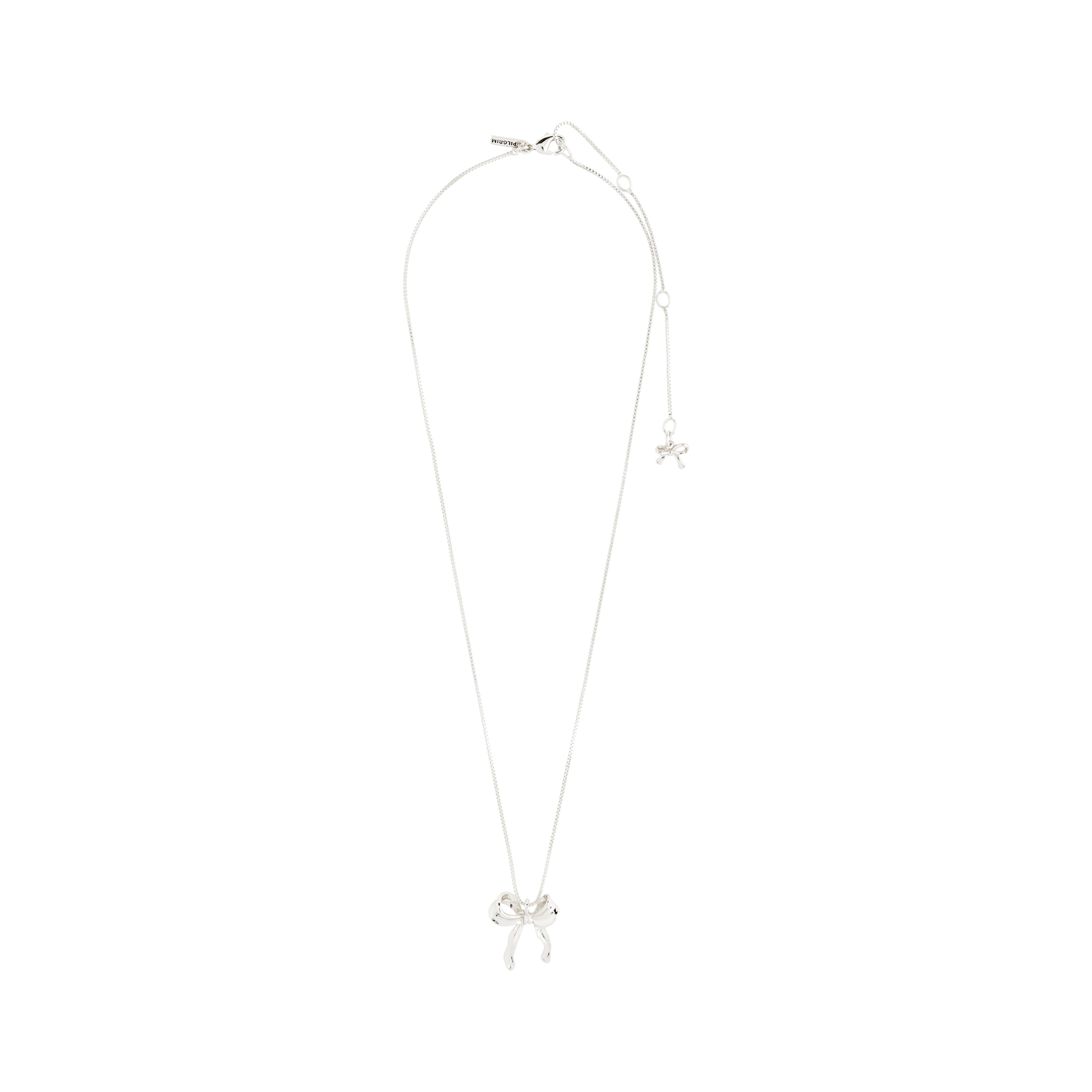 CASSIAN necklace silver-plated featuring a slim box chain with a stylish bow pendant, perfect for an effortlessly sleek look.