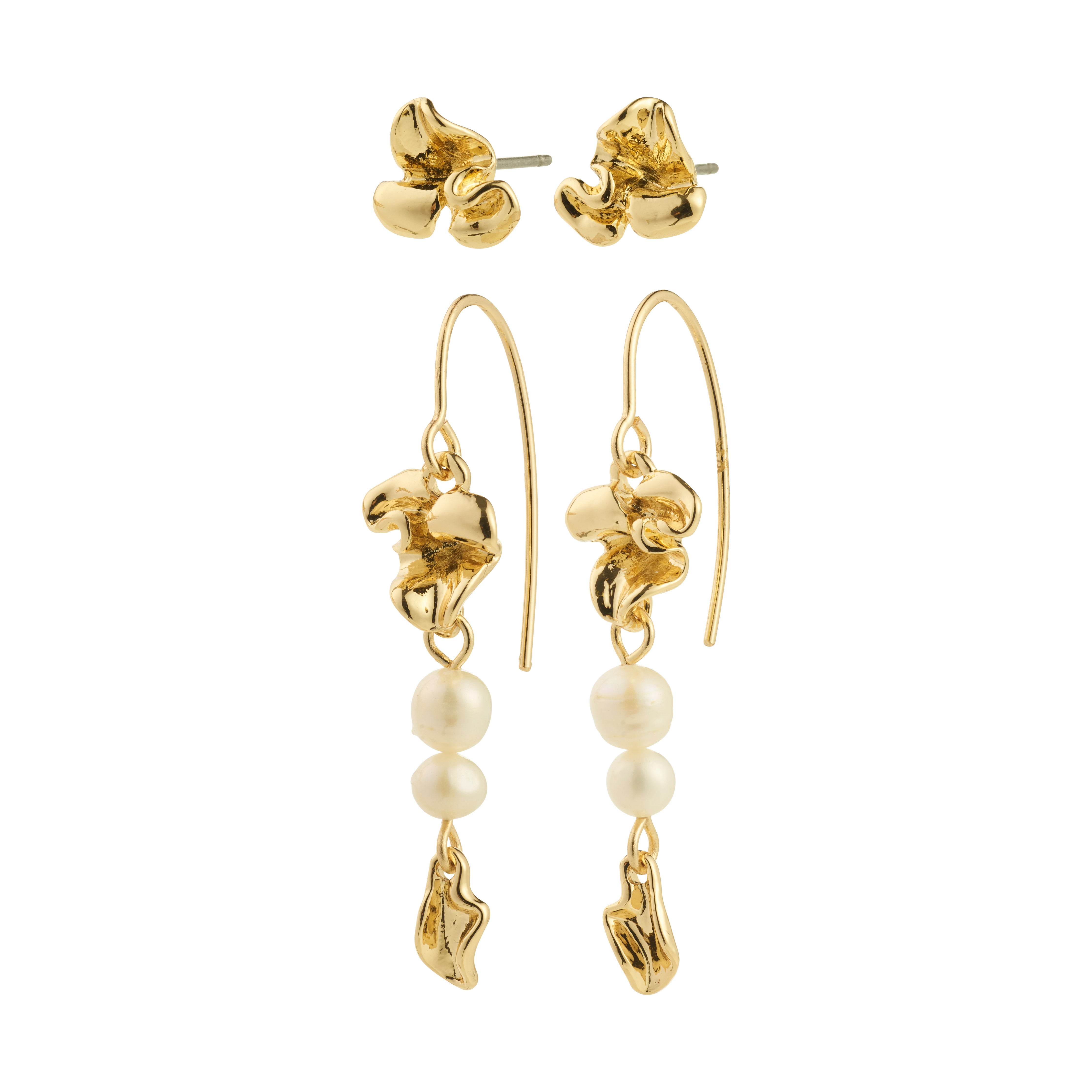 LUIS earrings 2-in-1 set: Gold-plated studs with abstract floral design and dangles with freshwater pearls, perfect for a boho-chic look.
