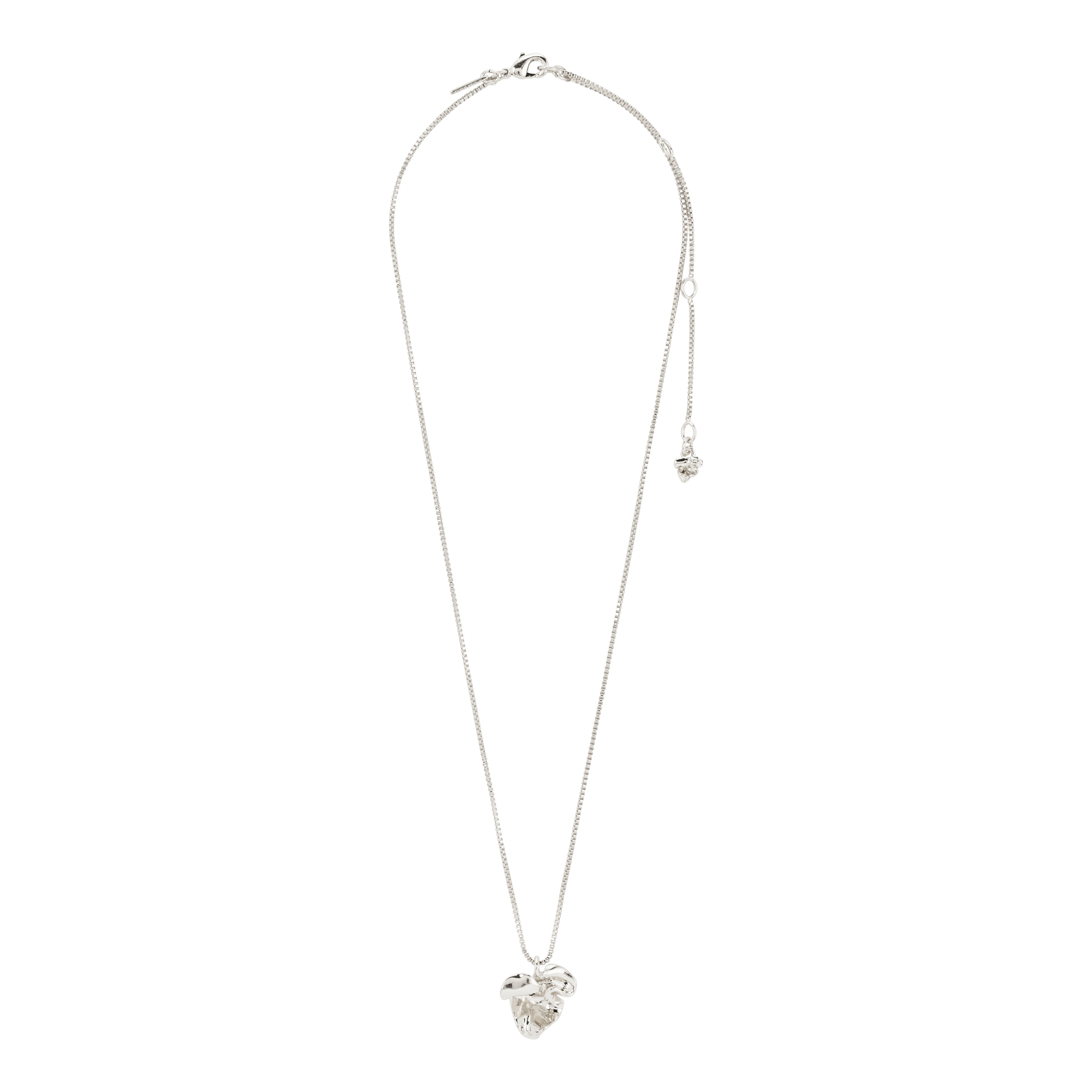 Silver-plated LUIS necklace featuring a sleek box chain and abstract flower pendant, adjustable 38 cm with 9 cm extension, crafted from recycled materials by Pilgrim.