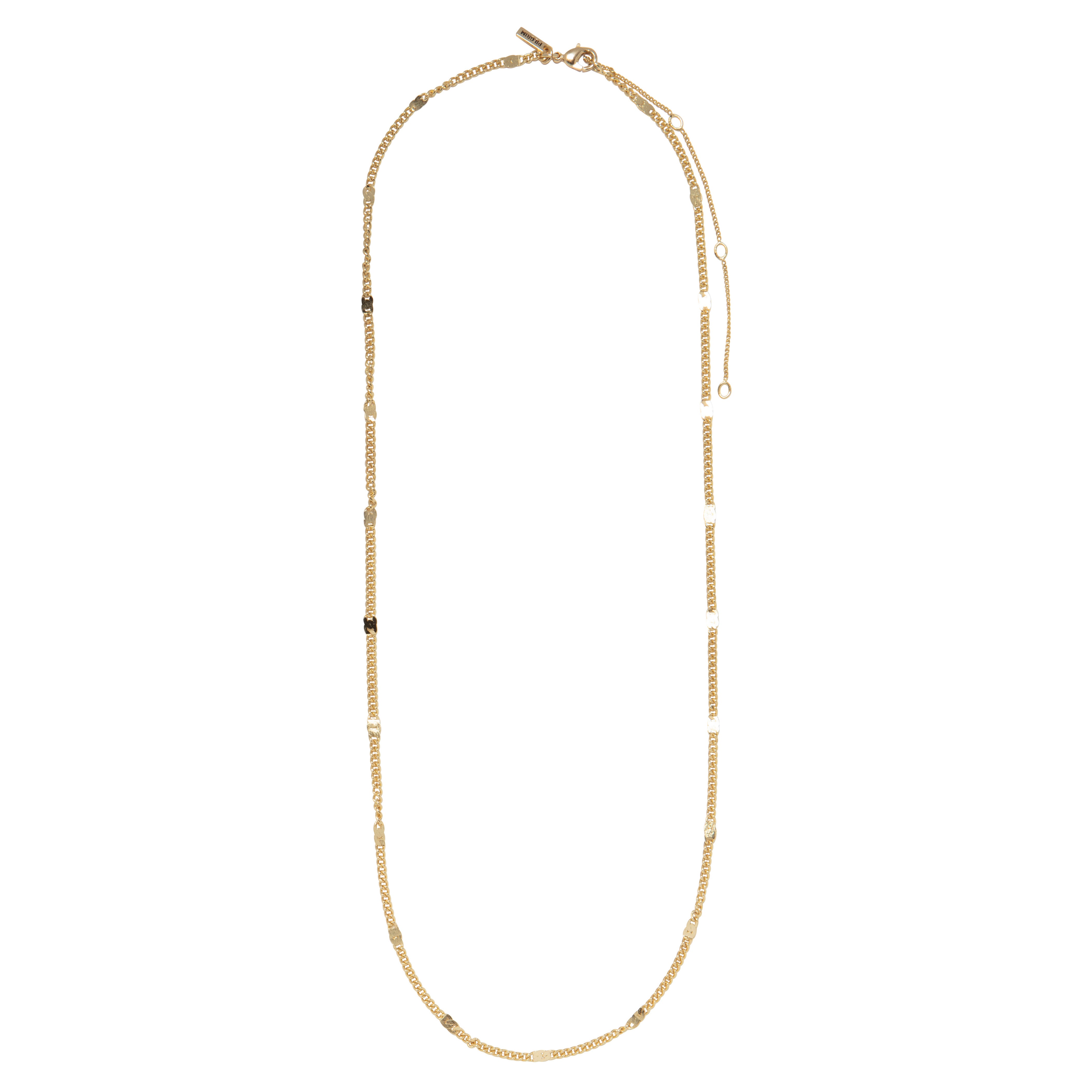 CAT necklace gold-plated with flattened links on a white background, 50 cm long with a 9 cm extension, creating a simple yet powerful design effect.