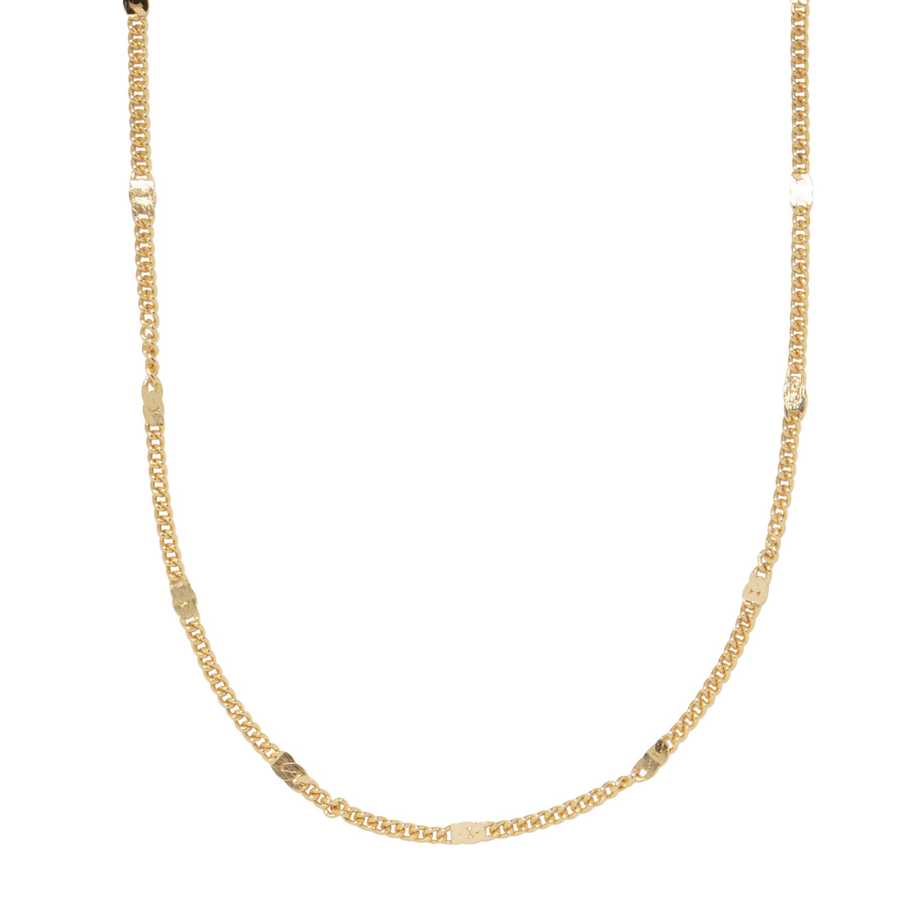 Gold-plated CAT necklace featuring square, flattened links at regular intervals, 50 cm length with 9 cm extension, offering a classic and enchanting design.