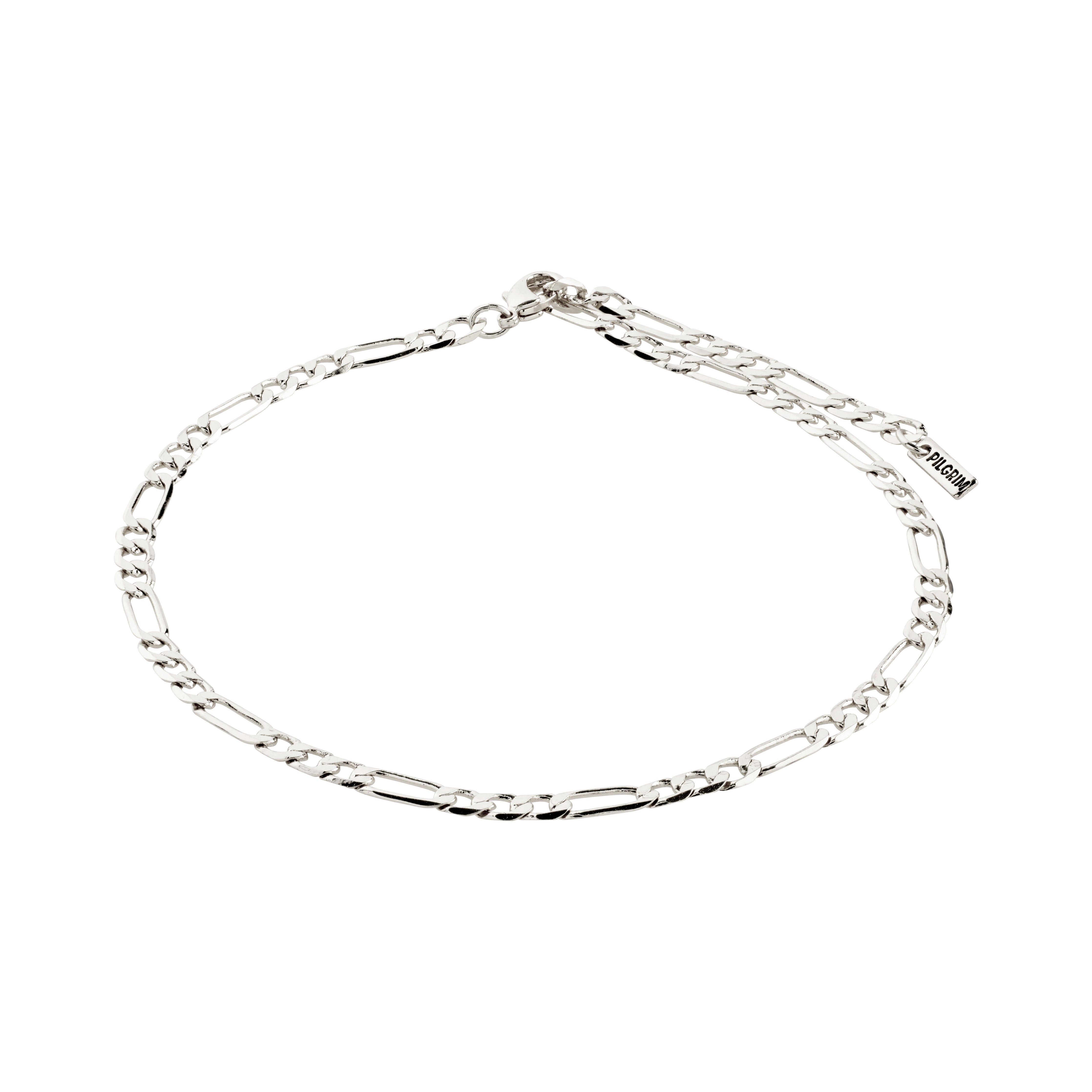 DALE open curb ankle chain, silver-plated with fine square links, showcasing an open-work pattern for a bohemian luxe touch.