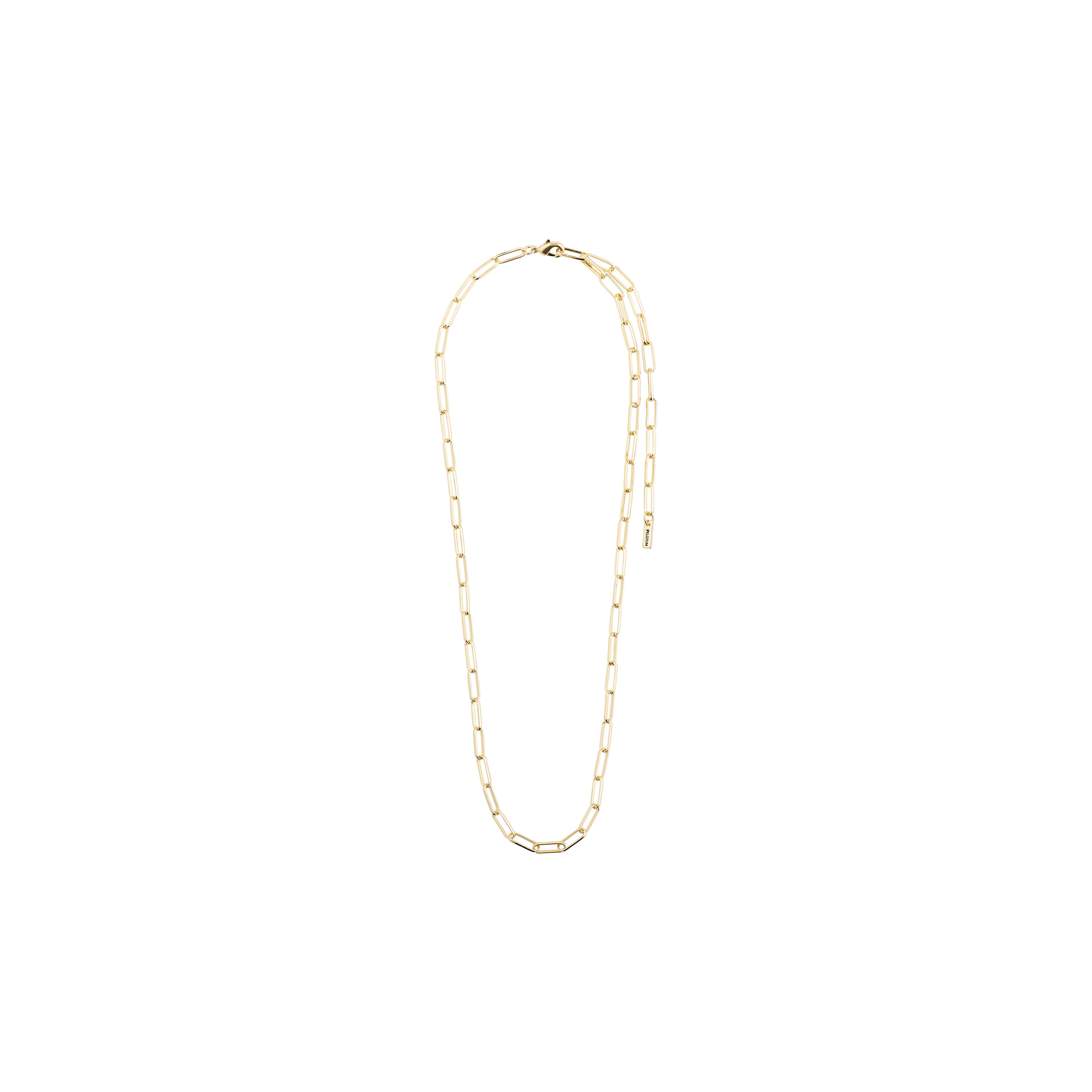 RONJA necklace gold-plated featuring elongated rectangular links, showcasing a modern interpretation of classic design on a white background.