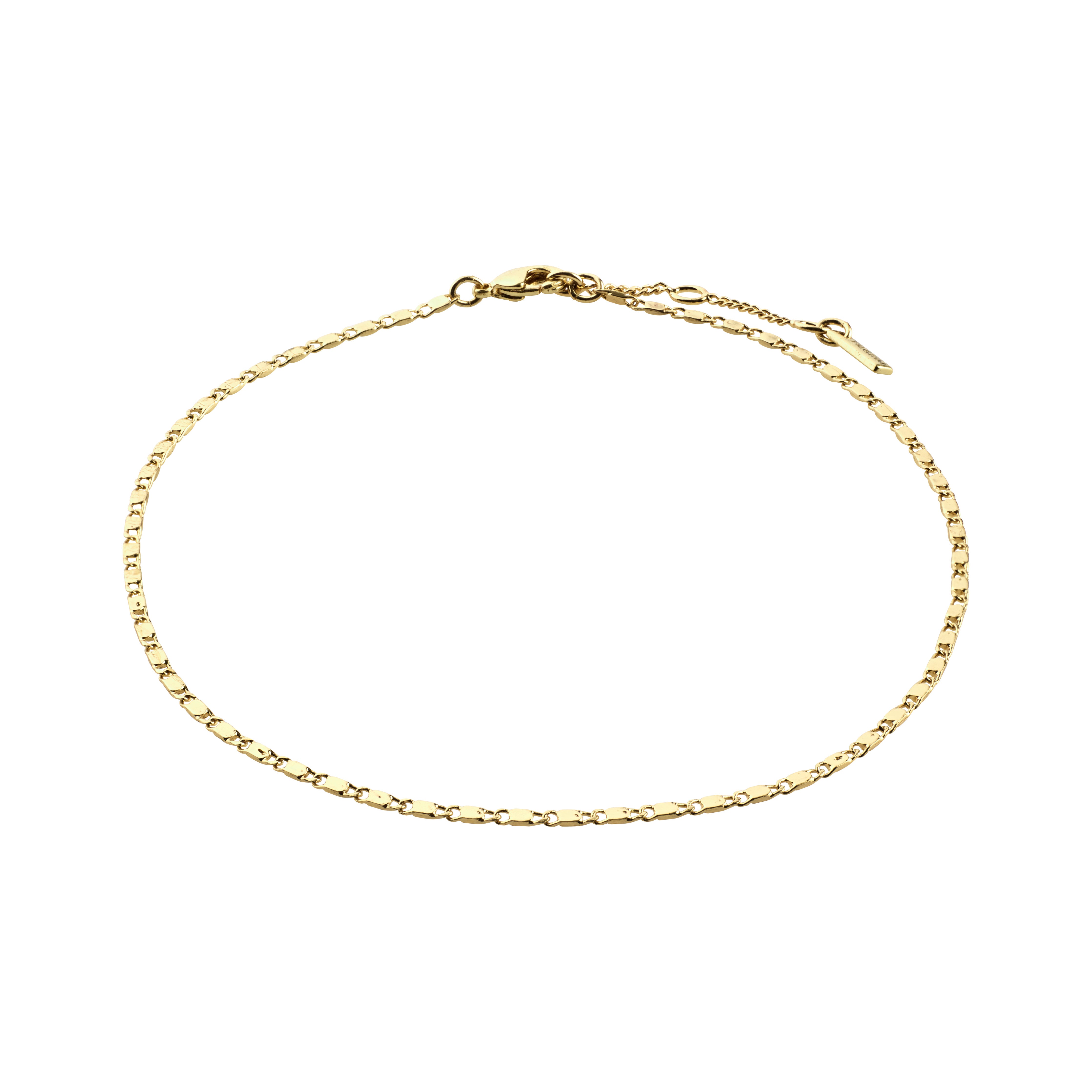 PARISA flat link ankle chain, gold-plated, on a white background, showcasing its simple, elegant design with flat deco joints, ideal for adding shine to any outfit.