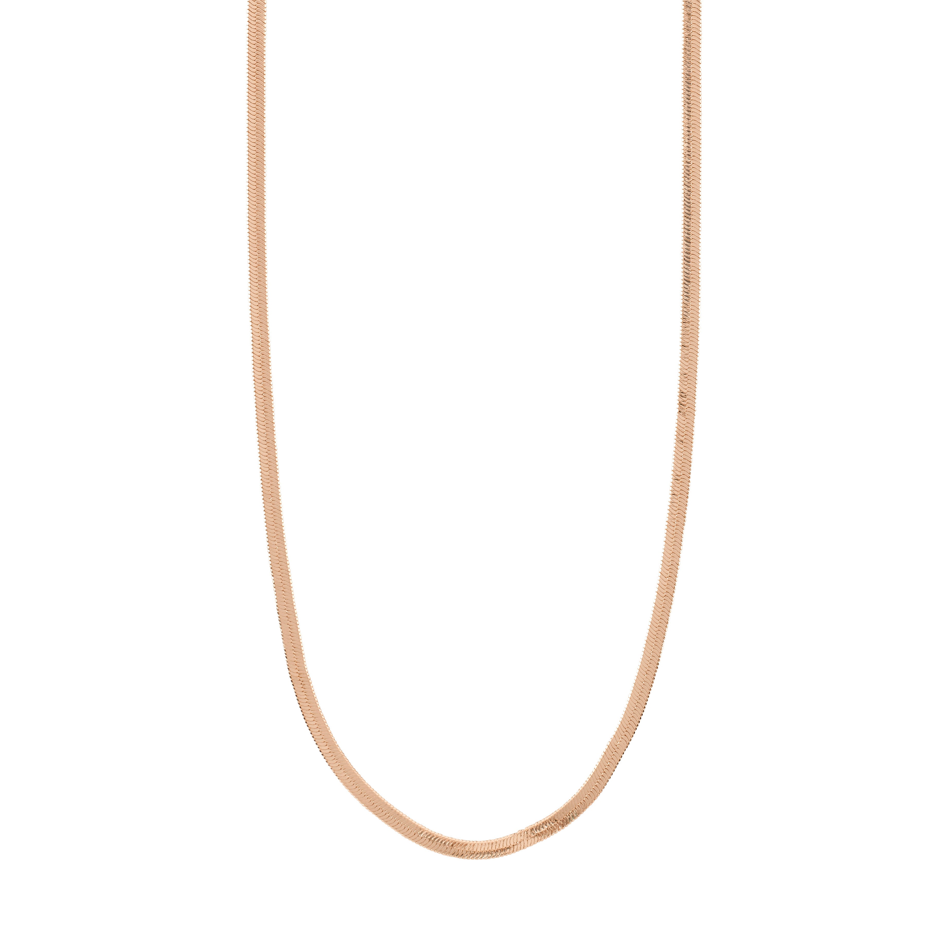 JOANNA flat snake chain necklace, rosegold-plated, displayed on a white background; an urban-inspired, feminine accessory with a 40+9 cm extension.