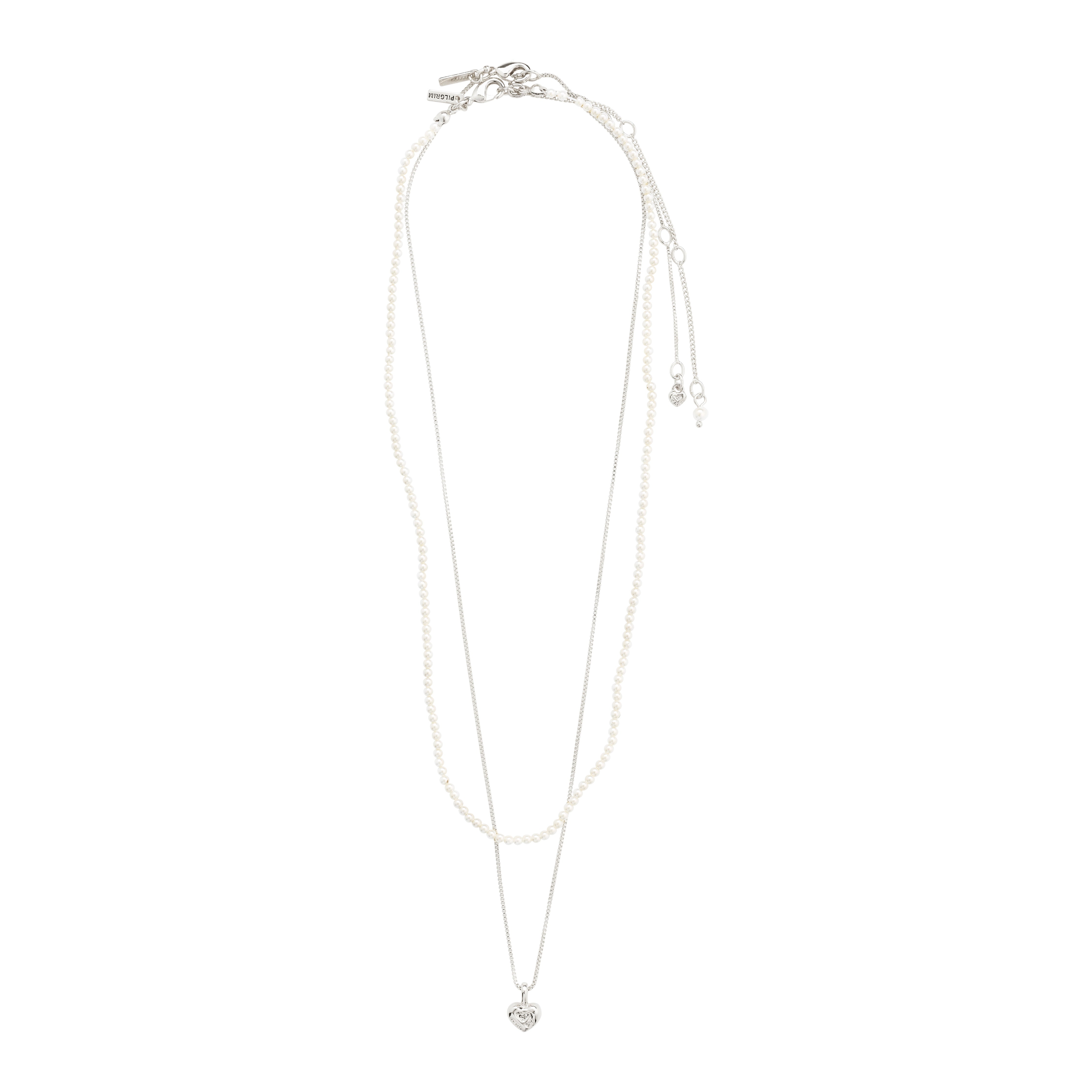 ARLET necklace 2-in-1 set, silver-plated, featuring a delicate heart pendant and pearl necklace, perfect for layering and versatile styling.