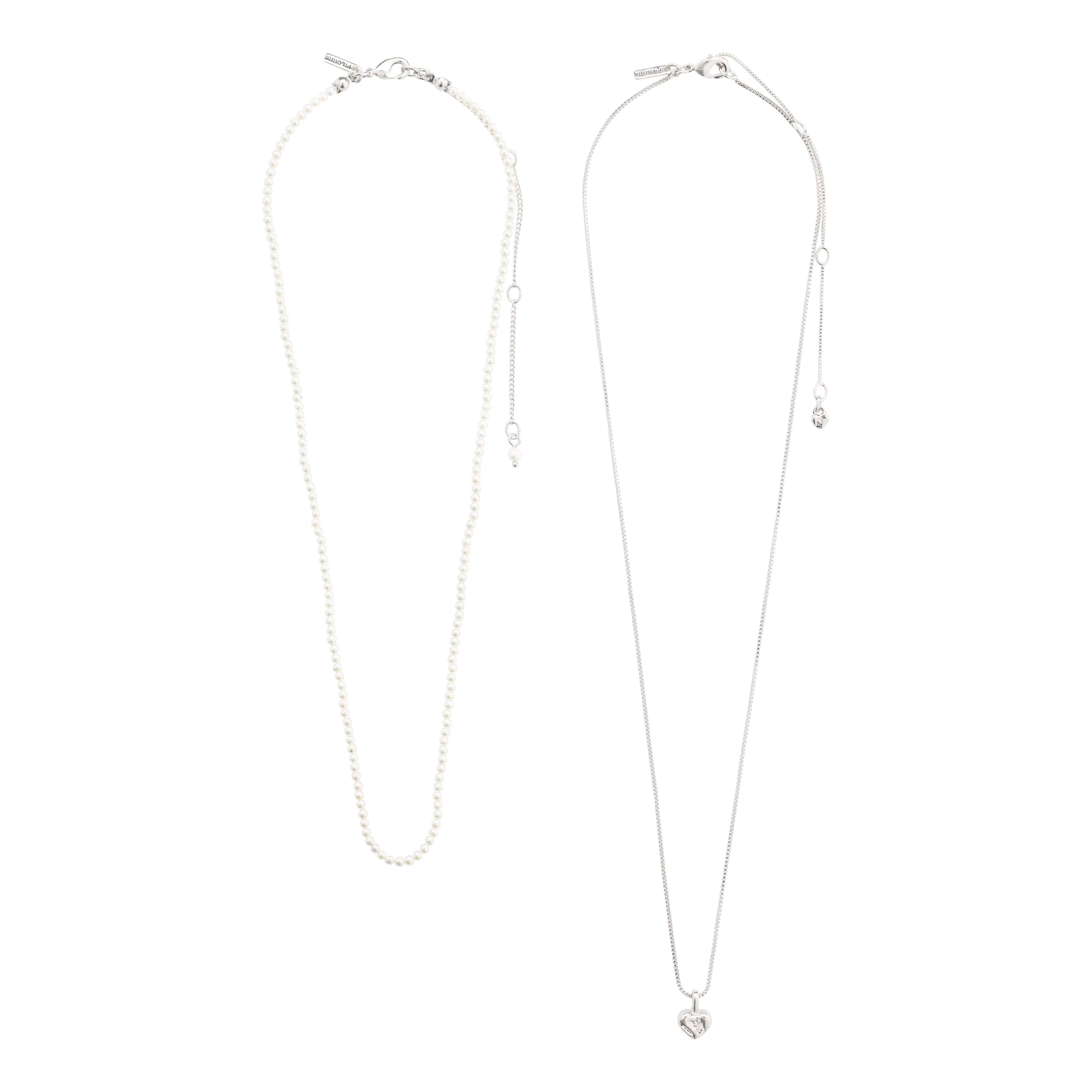 ARLET necklace 2-in-1 set, featuring a silver-plated chain with heart pendant and a pearl necklace, showcased on a white background.