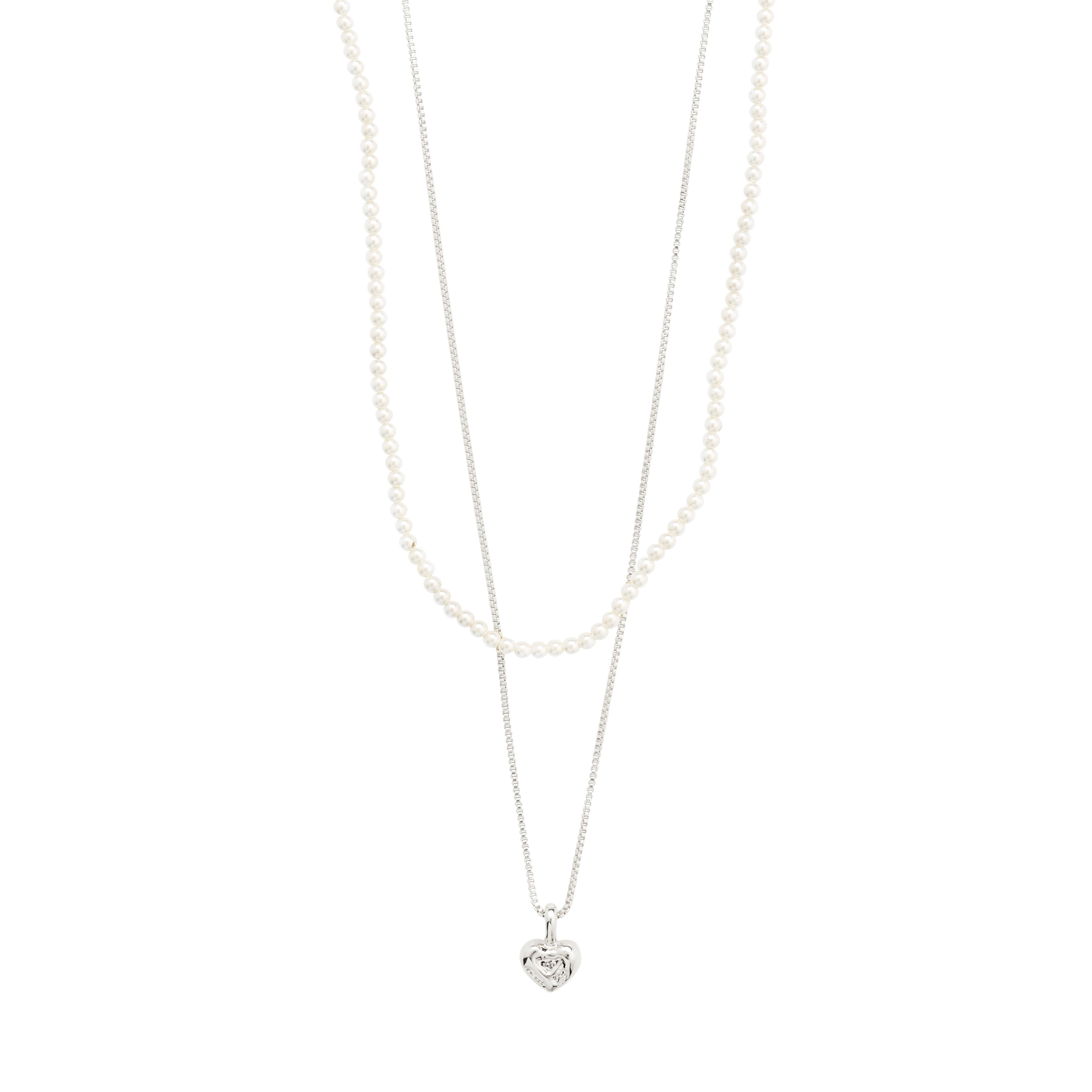 ARLET necklace 2-in-1 set, silver-plated, featuring a heart pendant on a slim chain and a pearl necklace, perfect for layered styling.