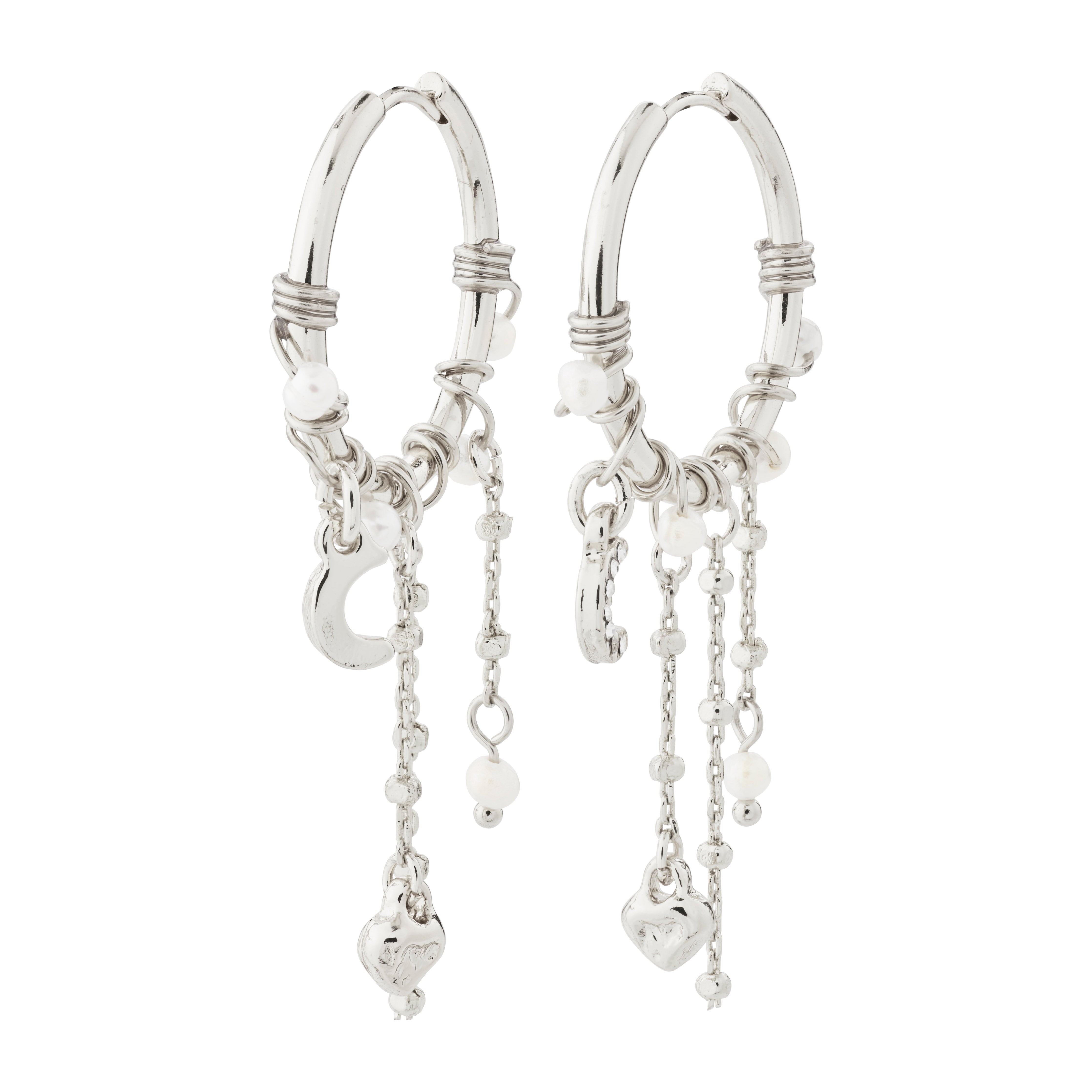 ARLET silver-plated hoop earrings adorned with freshwater pearls, Preciosa crystals, moon pendants, and heart charms, offering a romantic boho-lux style.