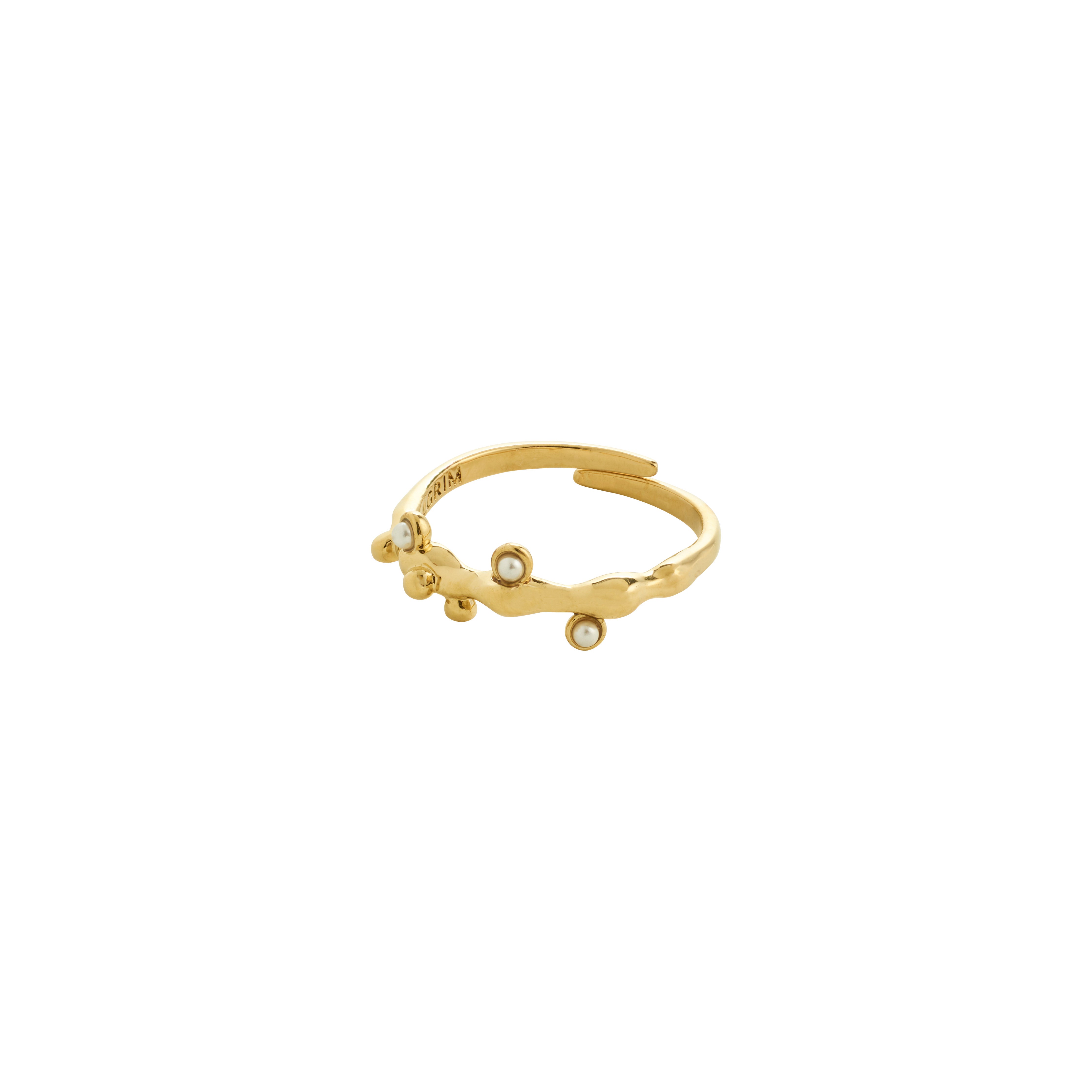 Gold-plated LULU magic stack ring with organic design, featuring mother-of-pearl beads like dewdrops, embodying elegance and nature-inspired charm.