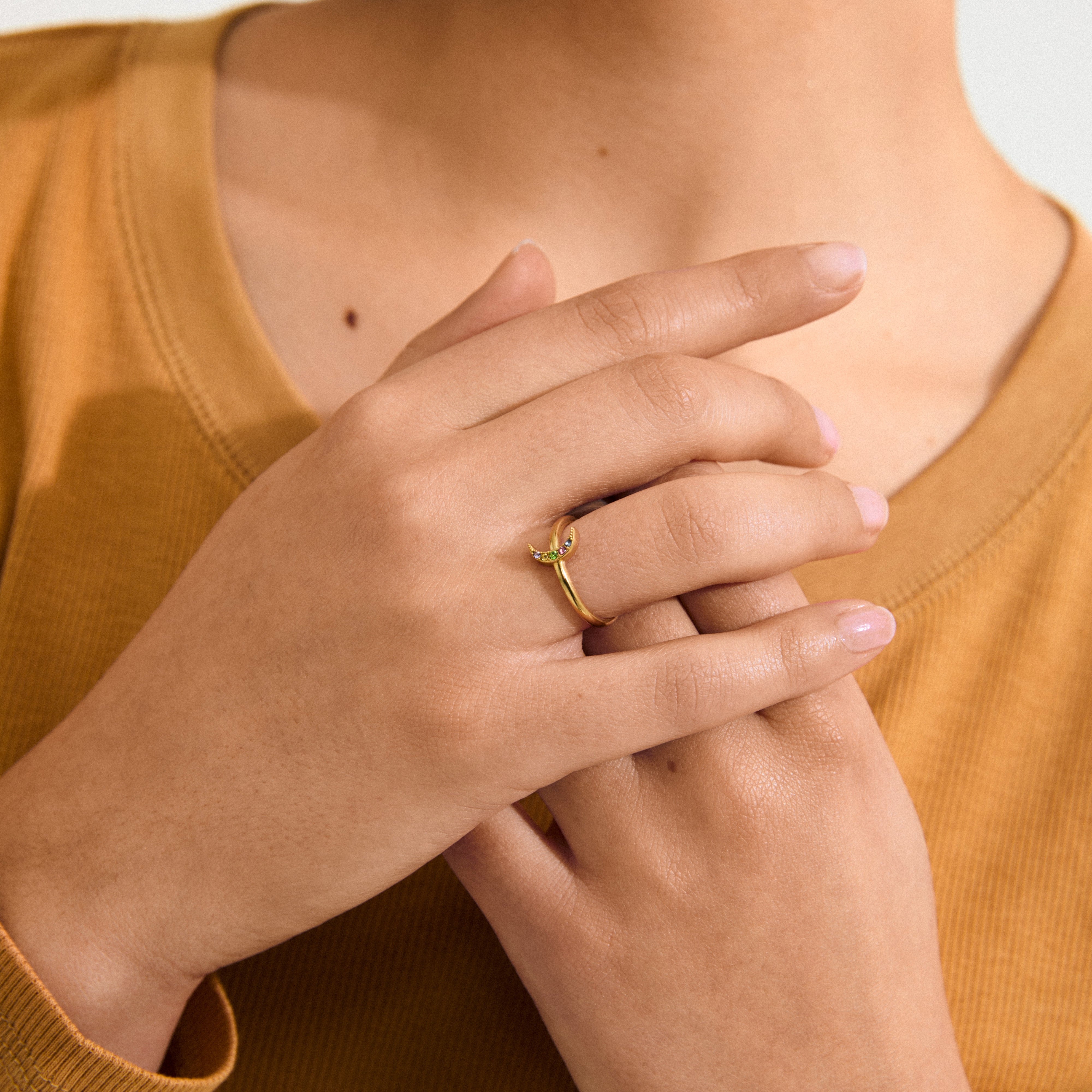 LULU moon stack ring gold-plated, featuring a sparkling half-moon adorned with crystals, embodying nighttime magic and symbolizing new beginnings, perfect for a solo or stacked look.