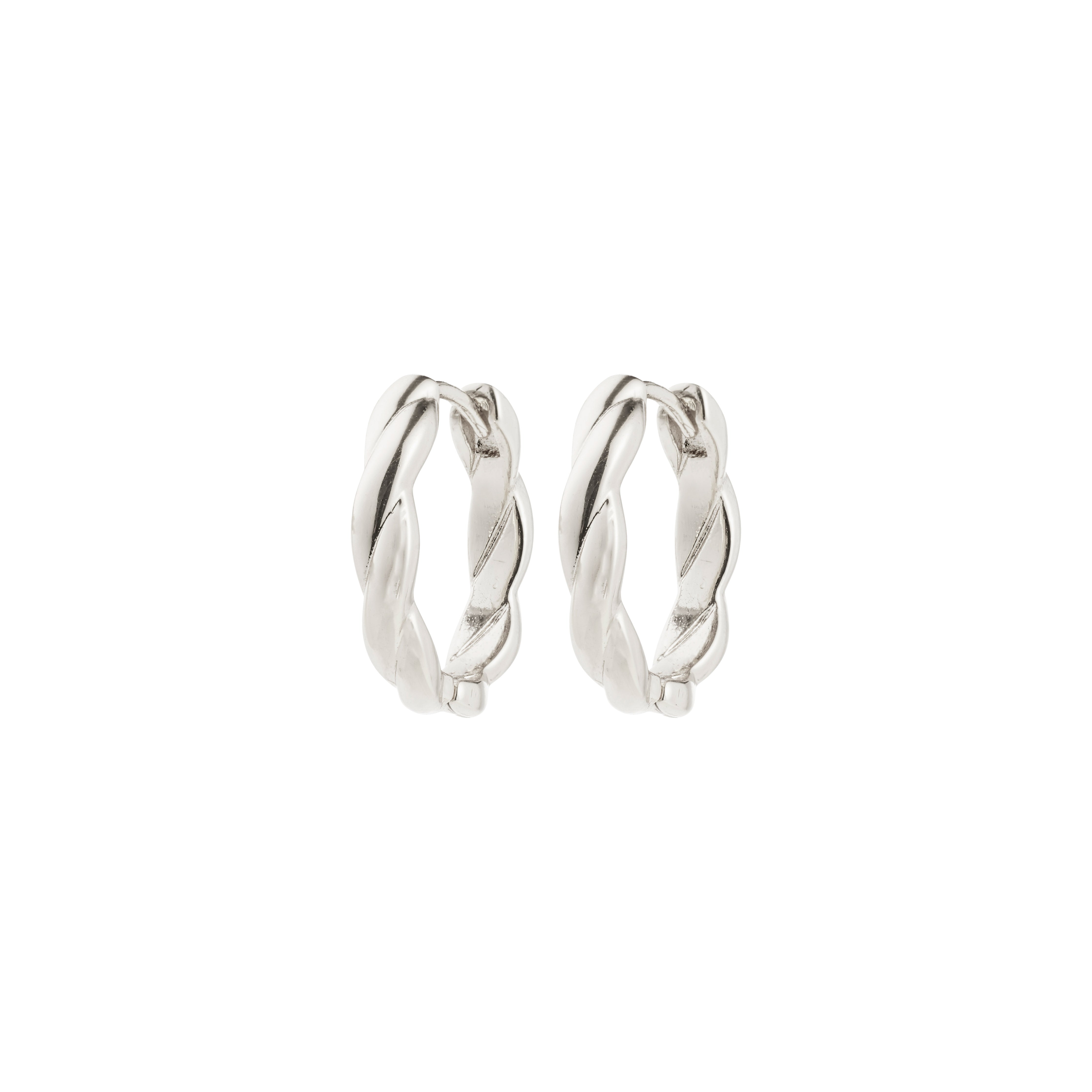 Silver-plated DECLAN hoop earrings with twisted details and click clasps, crafted from 99% recycled materials, offering a timeless, stylish touch to any outfit.