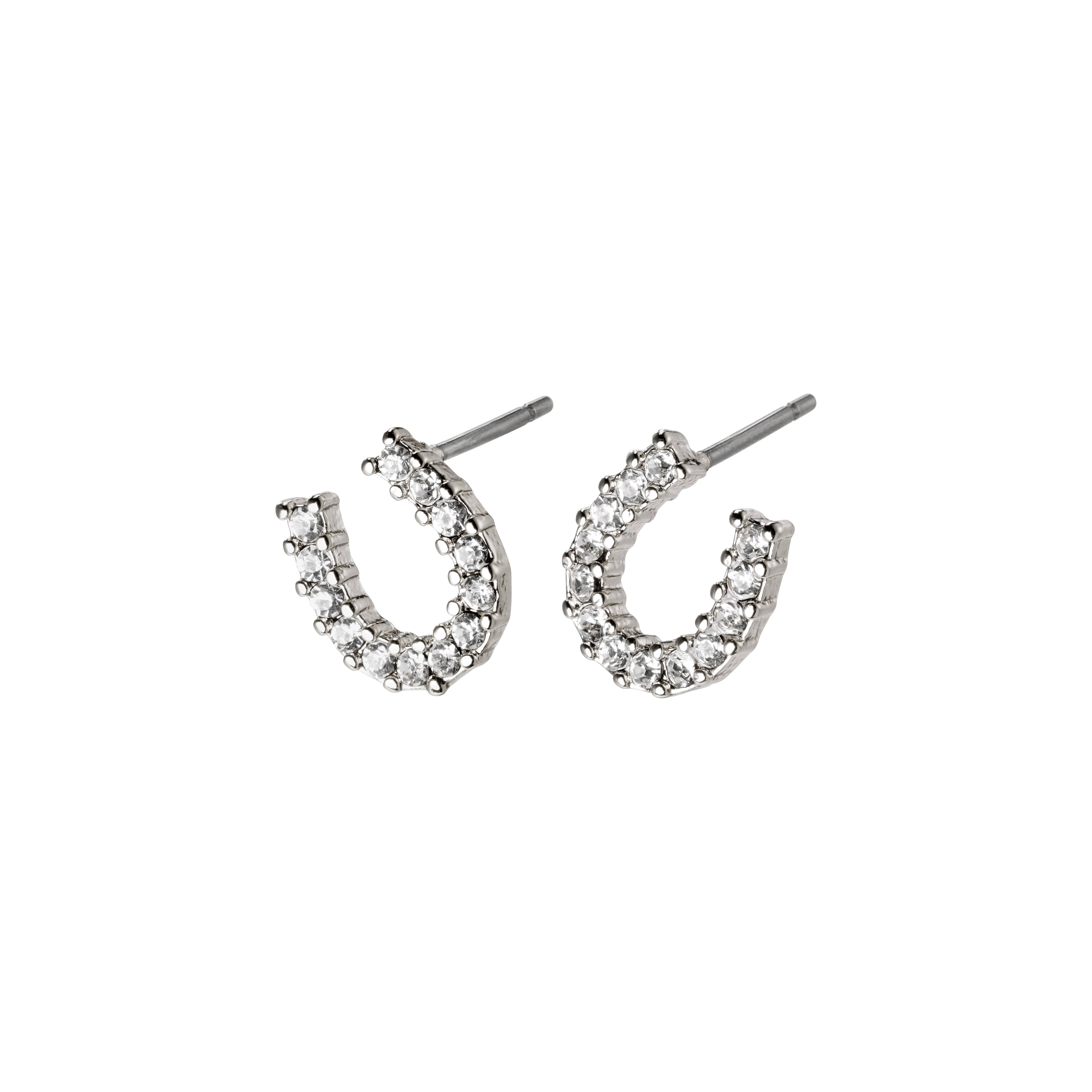 LEANNA good luck crystal earrings, silver-plated, featuring horseshoe design with polished sides and crystal-studded top, capturing light beautifully for a glamorous touch.