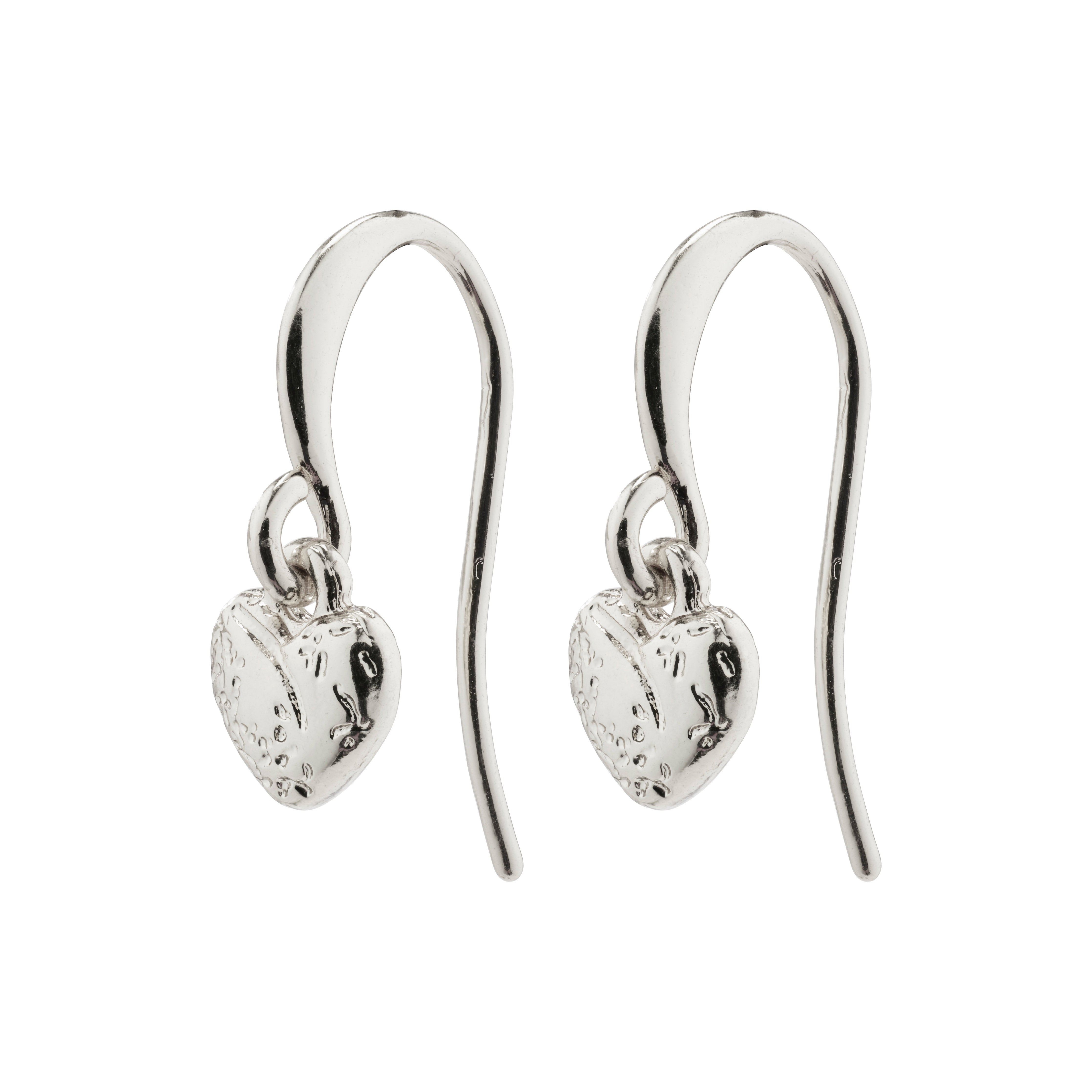 JAYLA heart pendant earrings, silver-plated, featuring embossed surfaces and a curved silhouette, offering an elegant, romantic touch for stylish, feminine looks.