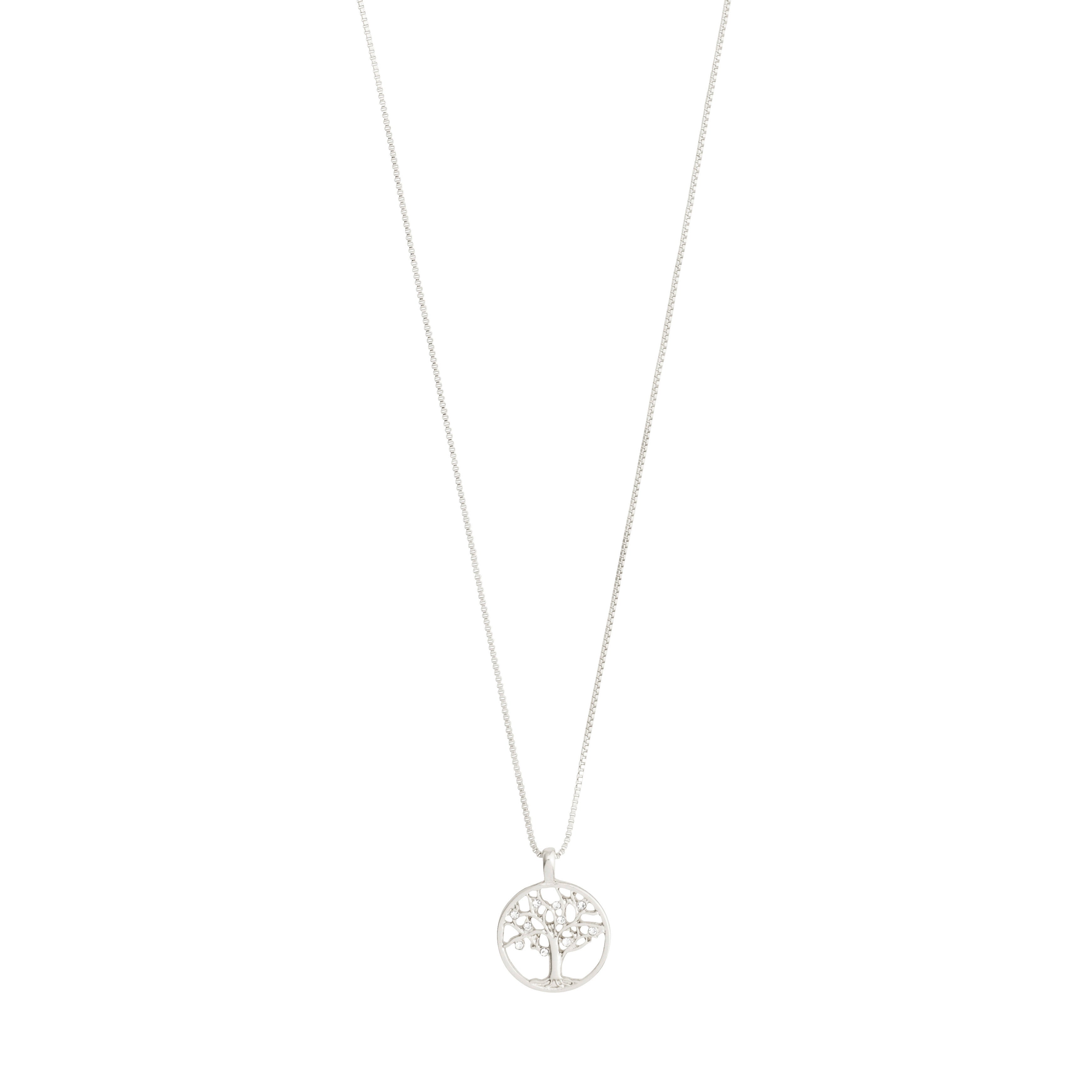 IBEN tree-of-life necklace, silver-plated with a round pendant featuring a Tree of Life and sparkling Preciosa crystals, on a 40 cm chain from Pilgrim.