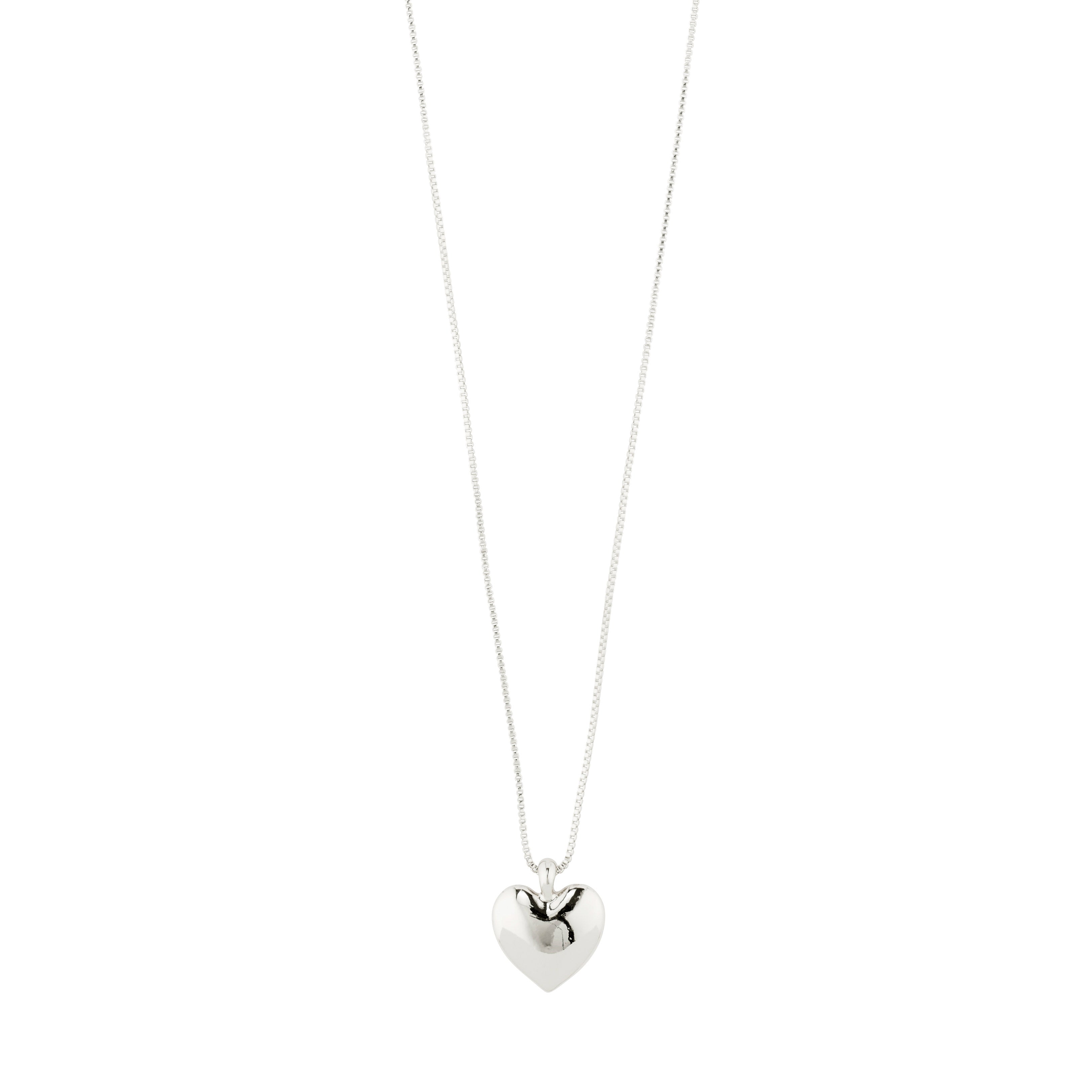 SOPHIA heart necklace, silver-plated, featuring a romantic heart pendant on a lightweight box chain, by Pilgrim. Made from 98% recycled materials. Measures 70 cm, adjustable length.