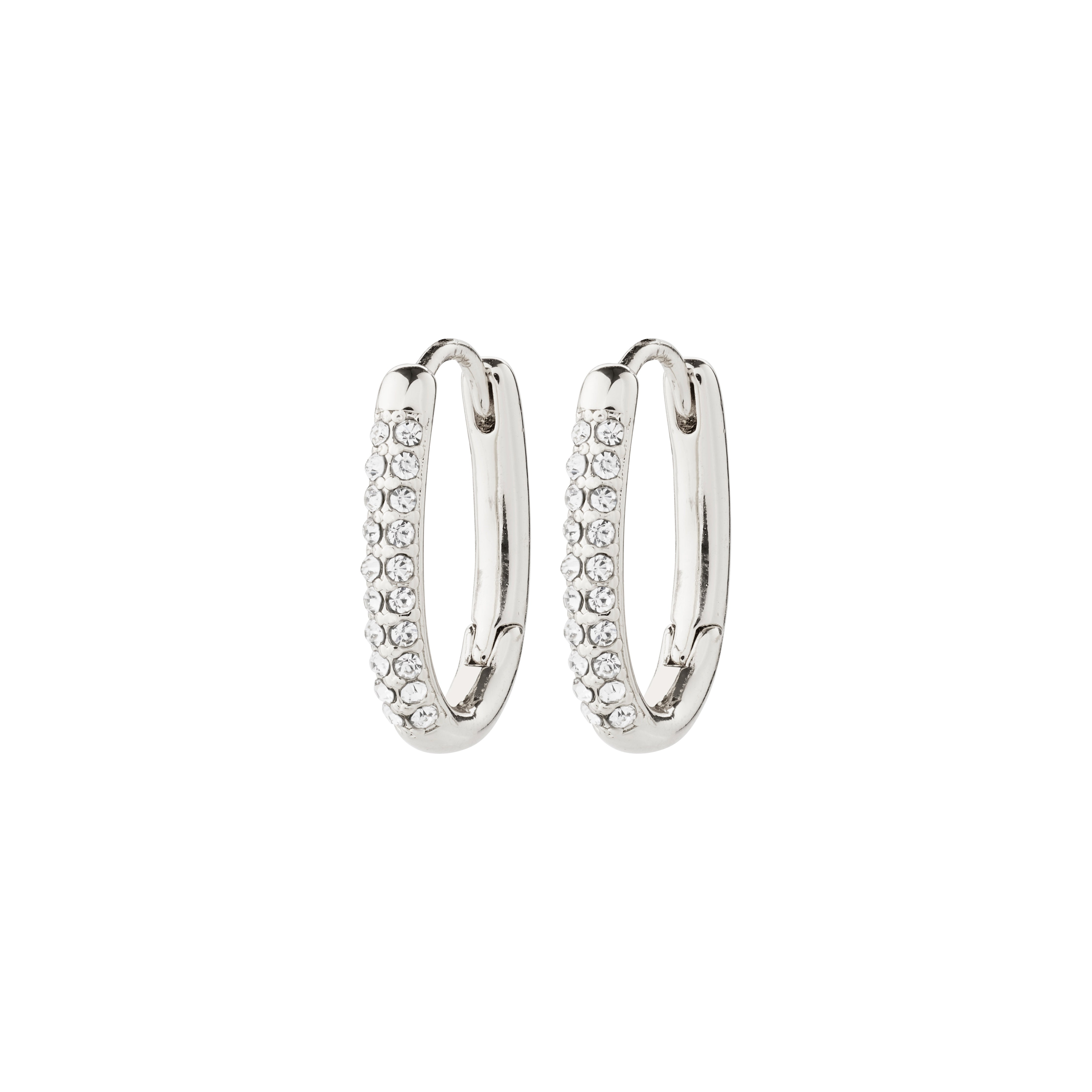 AMIRI silver-plated hoop earrings with sparkling Preciosa crystals and easy click clasp, crafted from 94% recycled material, perfect for a classy, sustainable style.