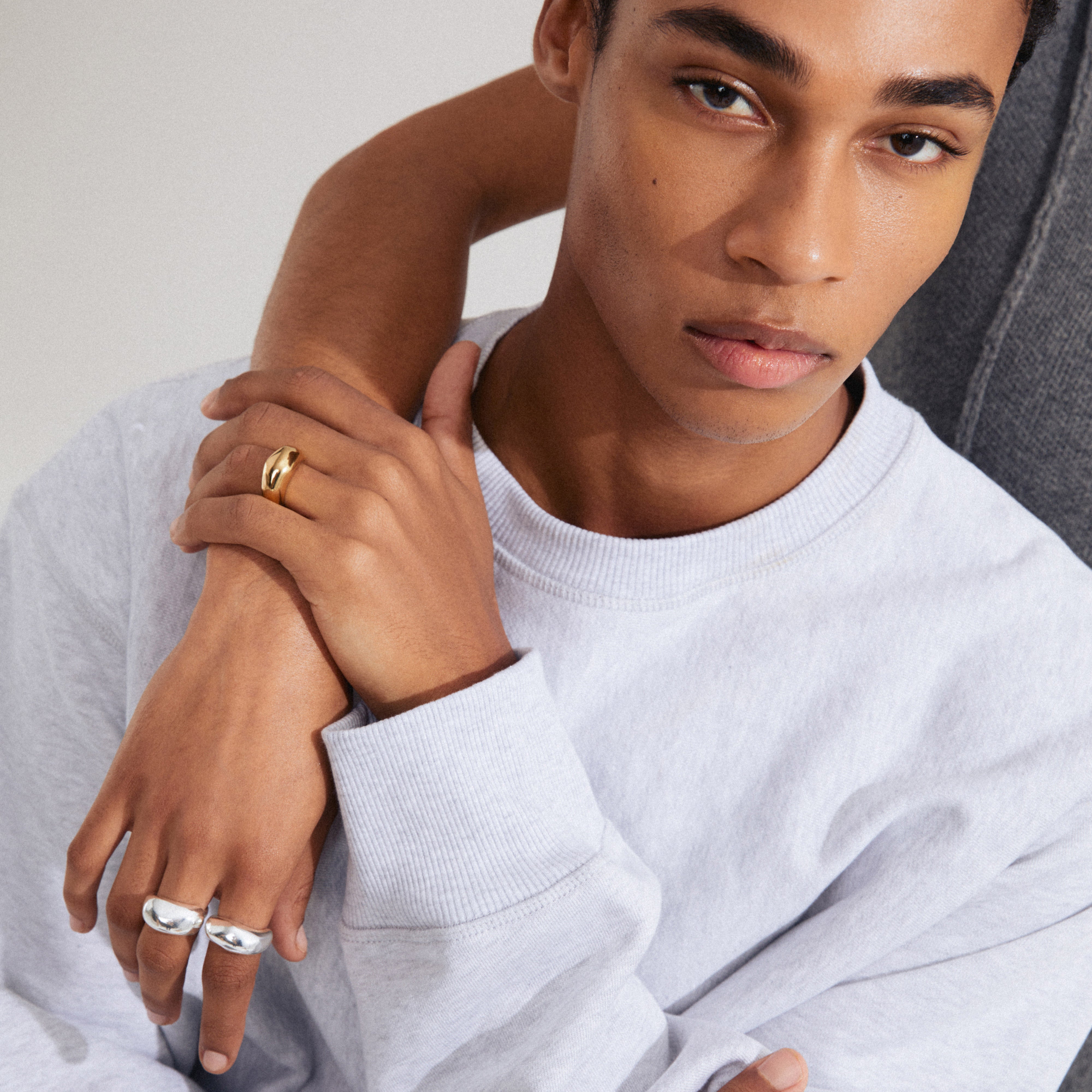Gold-plated HARRISON rings, 2-in-1 set, featuring ultra chunky design for a trendy stacked look or sleek individual style; adjustable and 99% recycled.