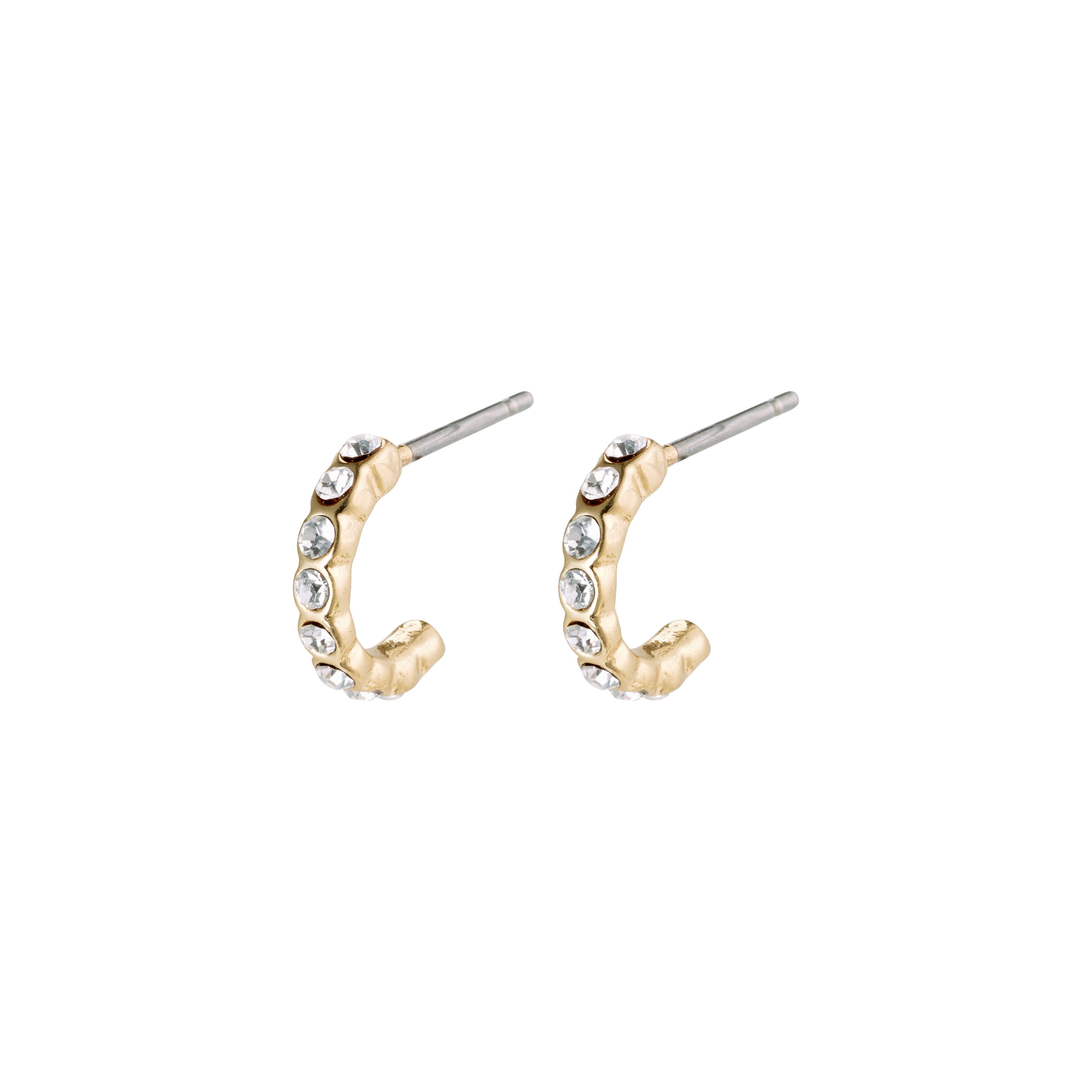 BRIGITTE crystal half hoops, gold-plated with clear crystals, featuring an undulating edge for a glamorous and feminine look, capturing Scandinavian quality and style.