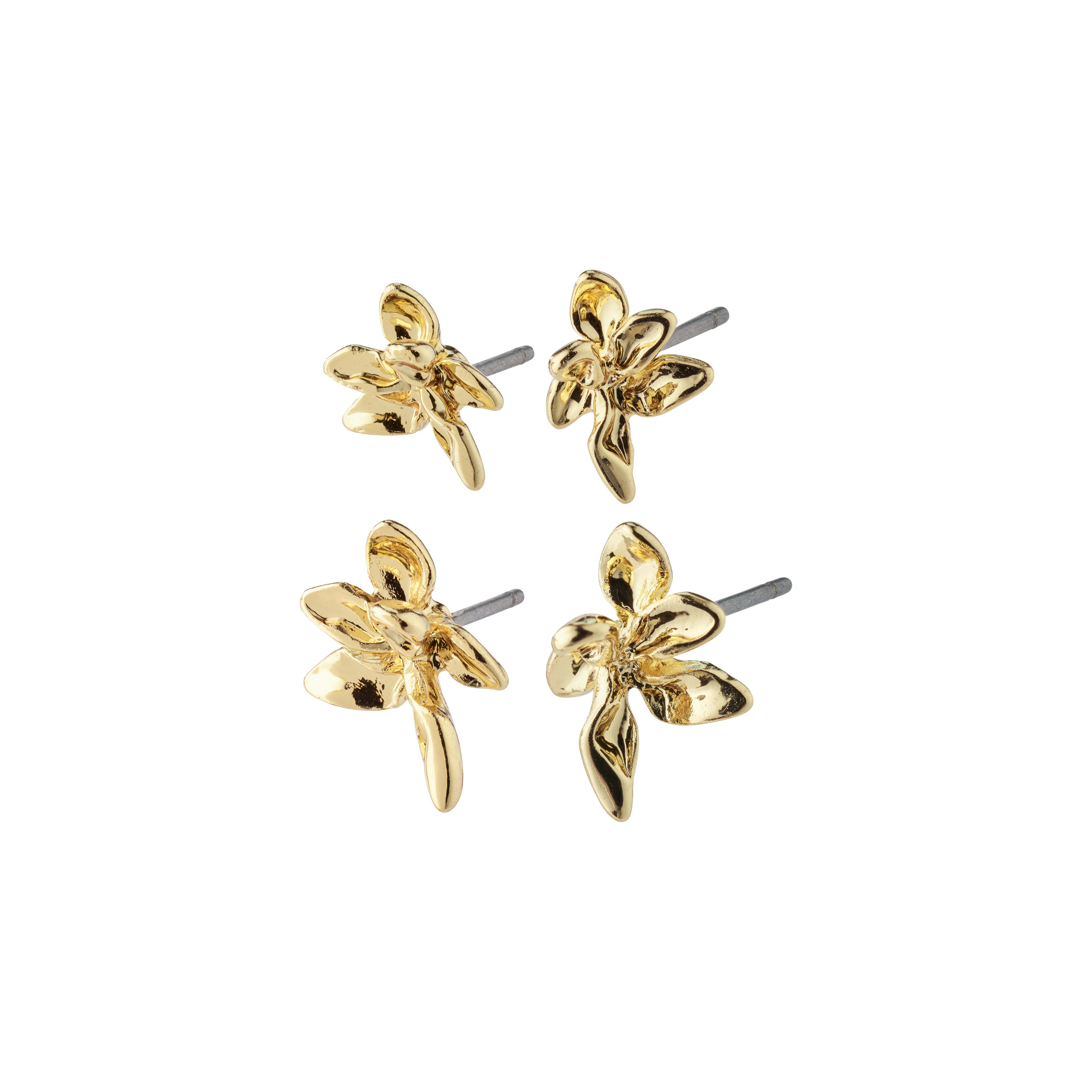 RIKO earrings, 2-in-1 set, gold-plated, featuring nature-inspired, gold flower shapes on studs, perfectly embody Pilgrim's blend of timeless design and contemporary style.