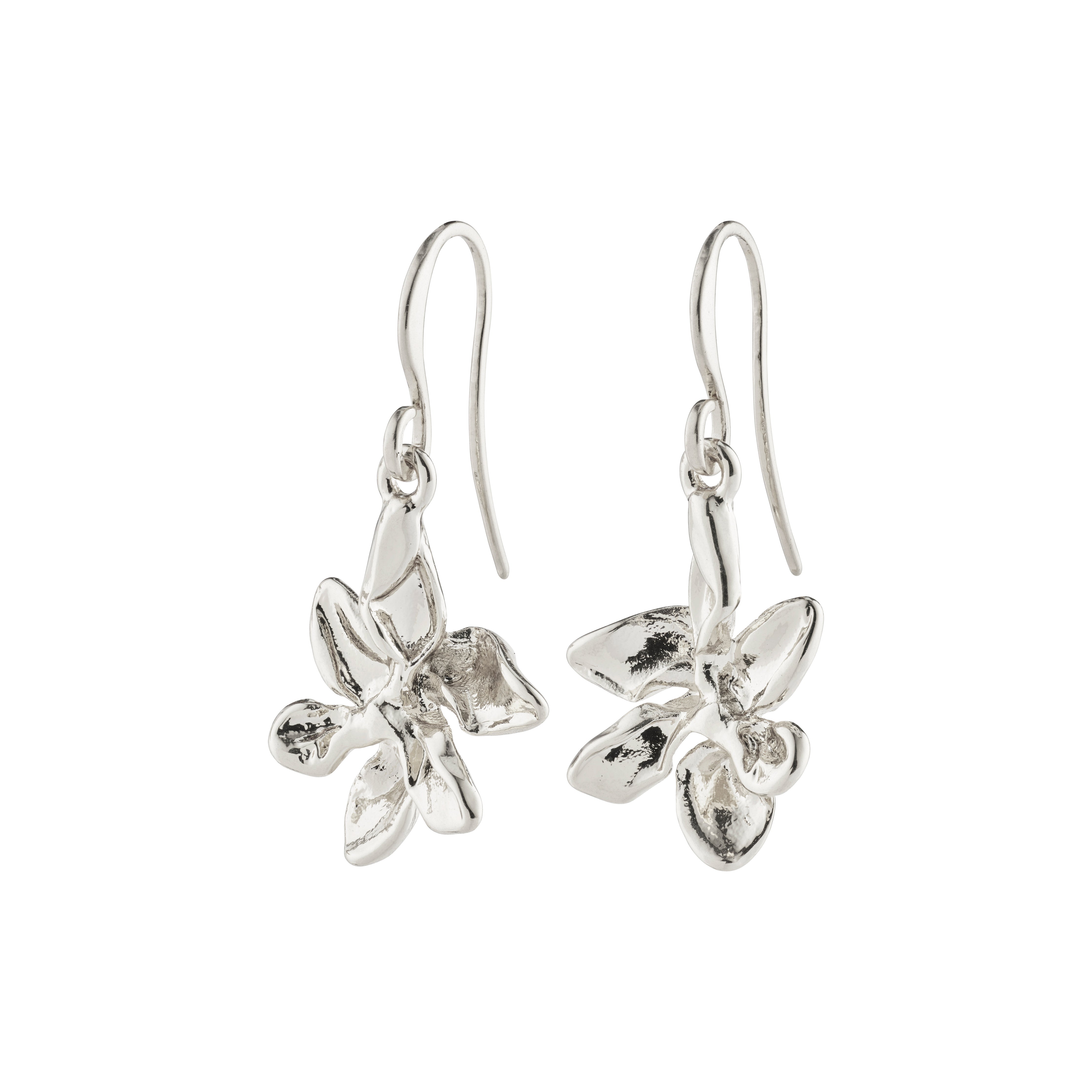 RIKO silver-plated earrings with nature-inspired flower pendants, crafted from recycled materials, showcasing Pilgrim's eco-friendly, handmade Danish design.