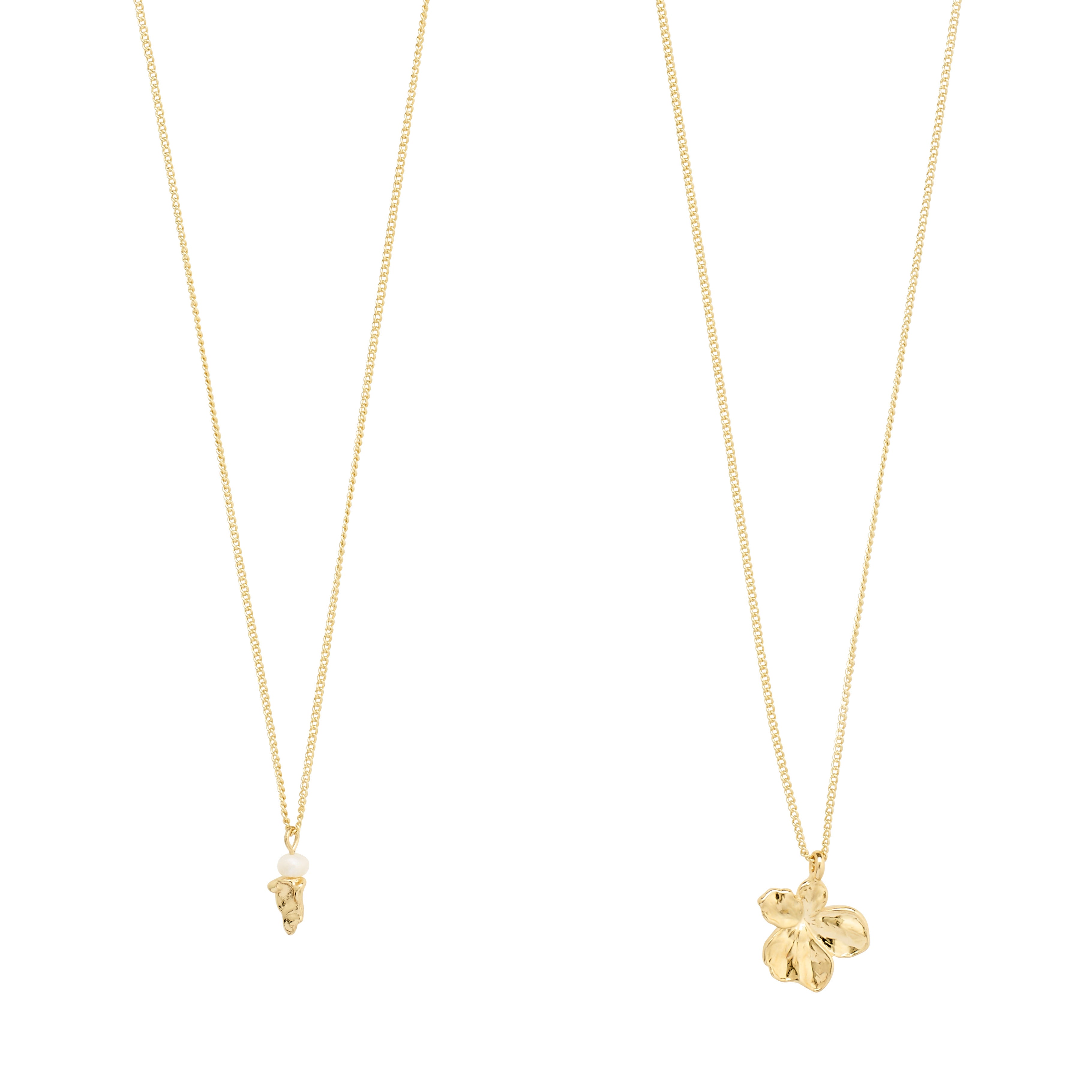 ZHURI necklace 2-in-1 set gold-plated features a gold chain with a floral pendant and a chain with a freshwater pearl and leaf accent.