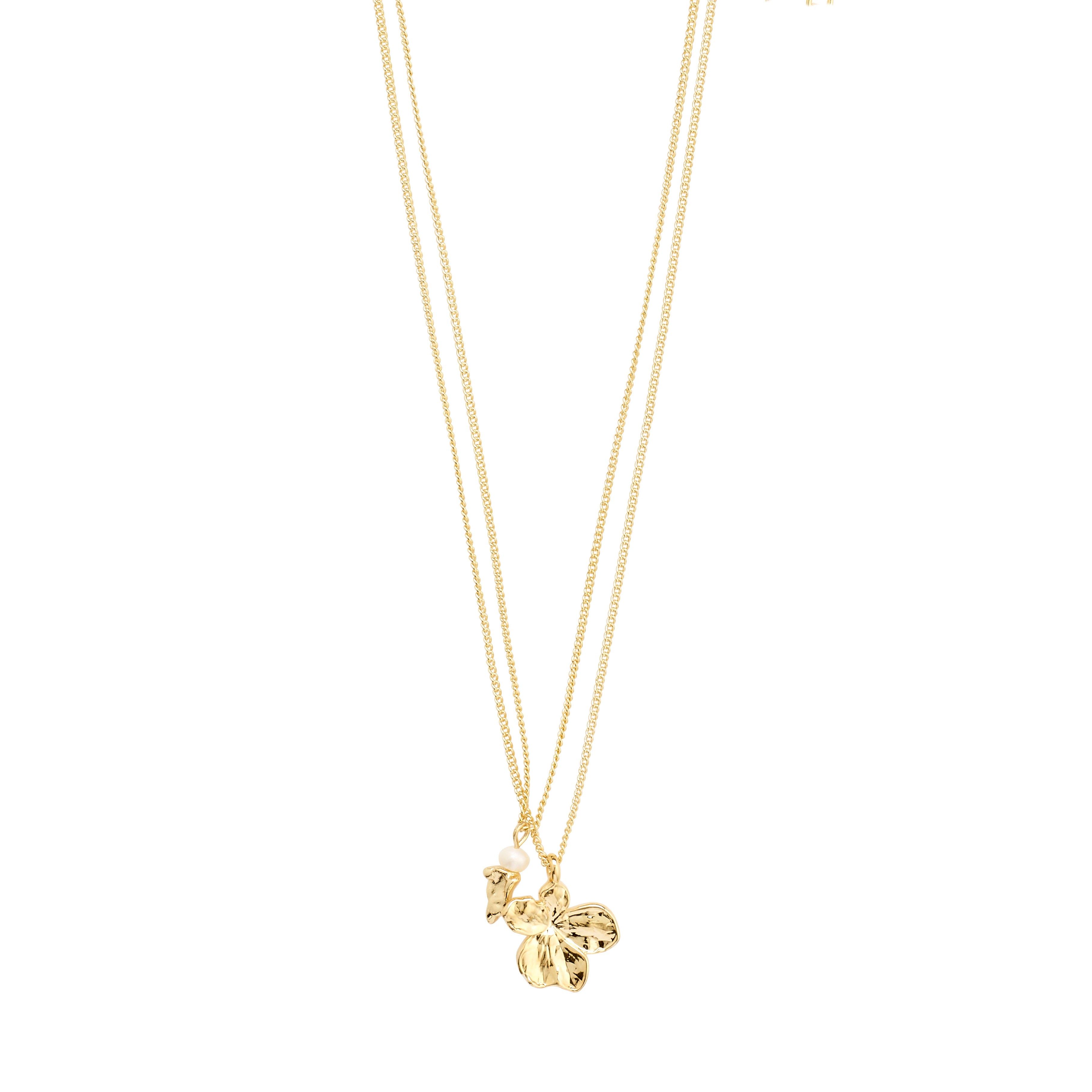 ZHURI necklace 2-in-1 set gold-plated features a pearl-adorned chain and floral pendant, perfect for layering or wearing solo, embodying Pilgrim's Scandinavian craftsmanship.