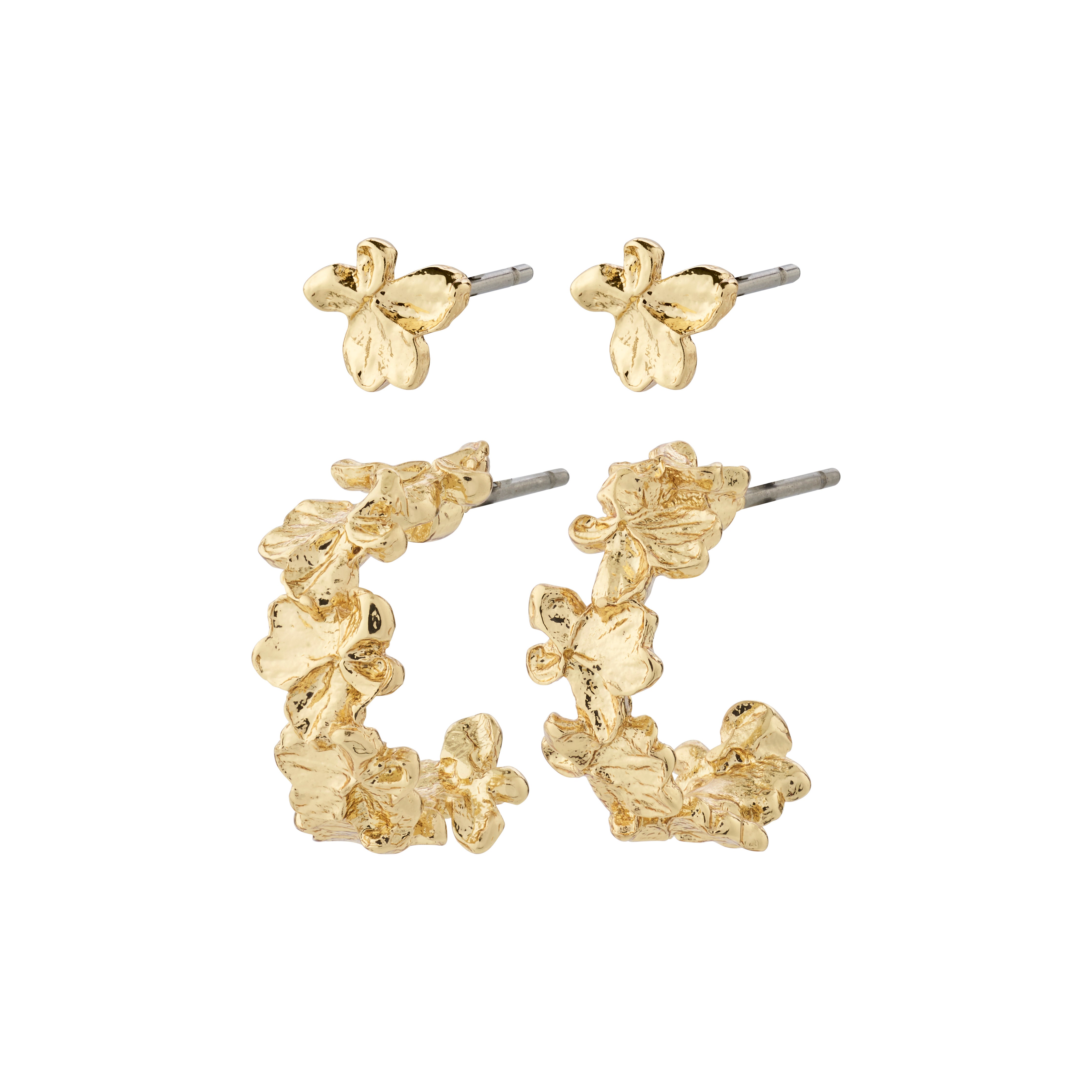 ZHURI earrings 2-in-1 set gold-plated featuring half-hoops and tiny floral studs, showcasing organic floral motifs, perfect for versatile styling.