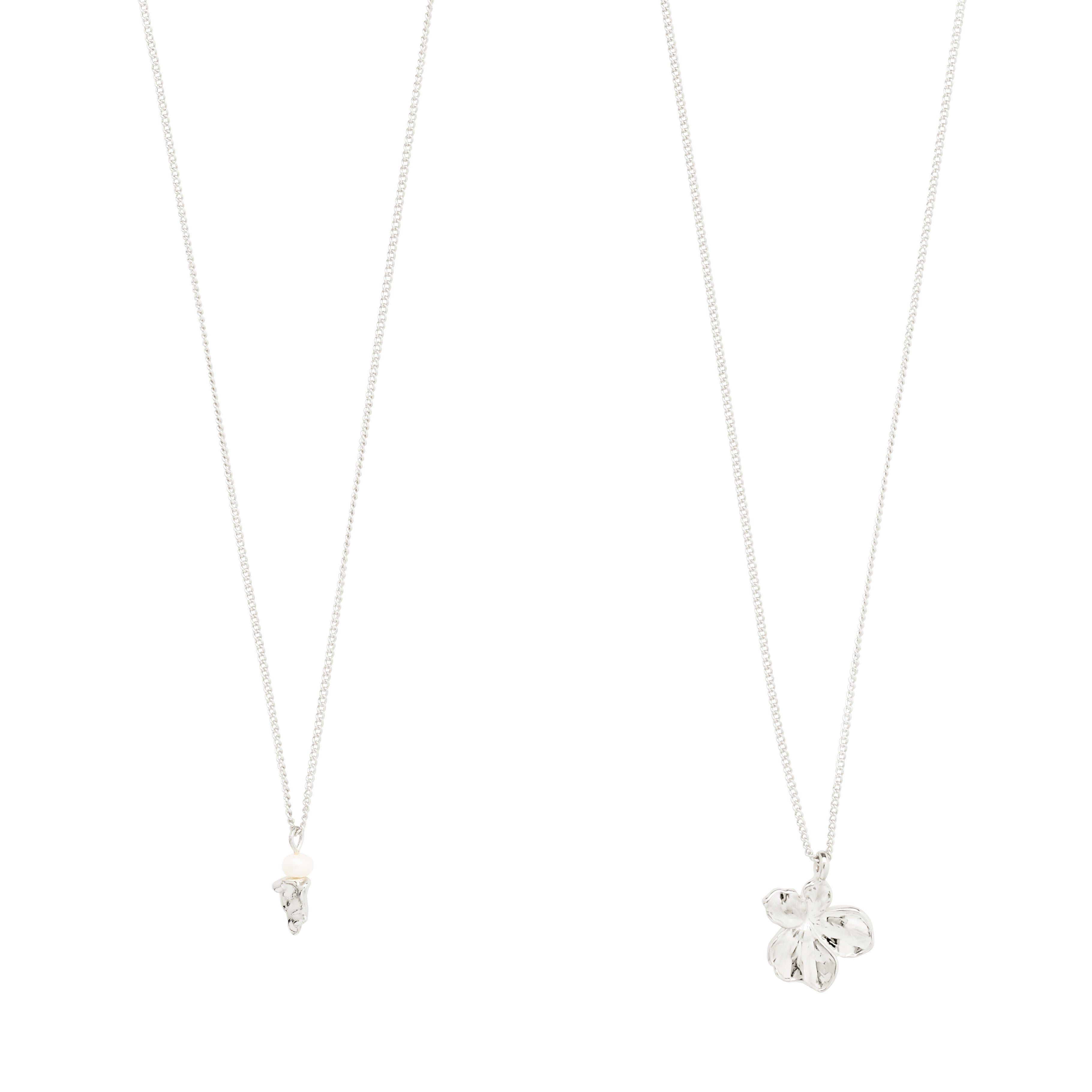 ZHURI necklace 2-in-1 set silver-plated featuring a floral pendant and a chain with a small freshwater pearl, ideal for a romantic, layered look.
