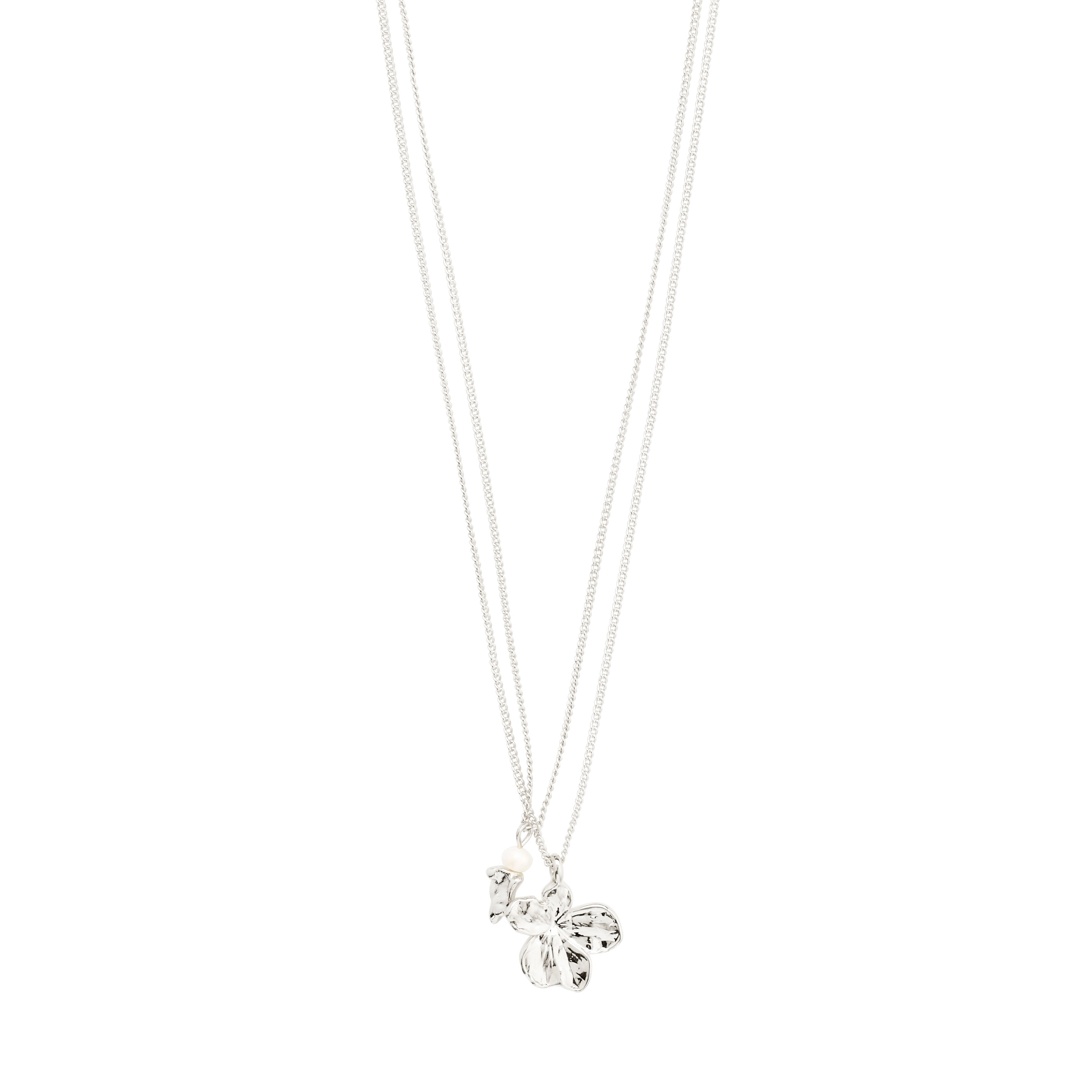 ZHURI necklace 2-in-1 set: silver-plated, featuring a floral pendant and freshwater pearl on a chain, perfect for adding effortless romantic style.