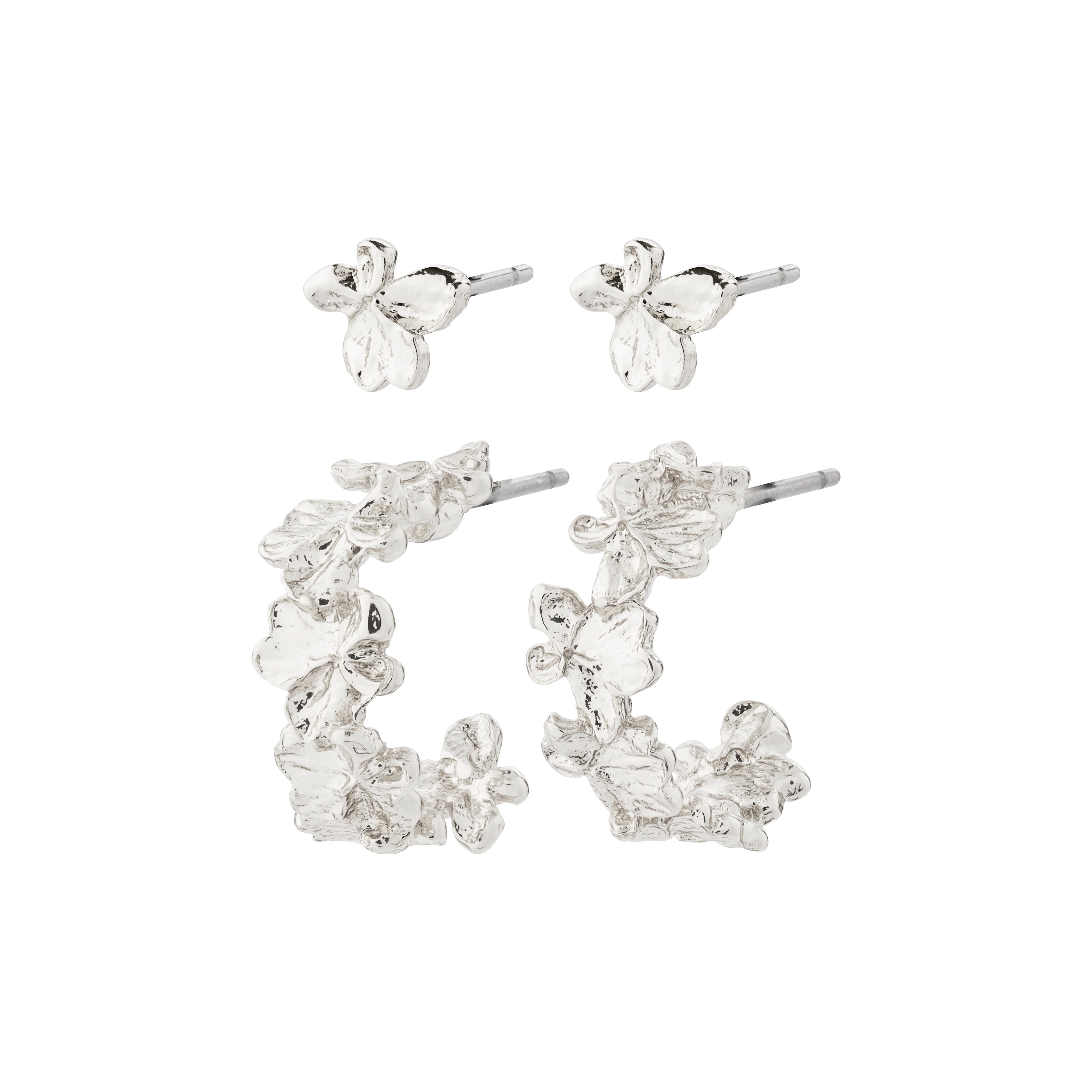 ZHURI earrings 2-in-1 set, silver-plated, featuring floral half hoops and casual studs, offering versatile styling options for any outfit from Pilgrim.