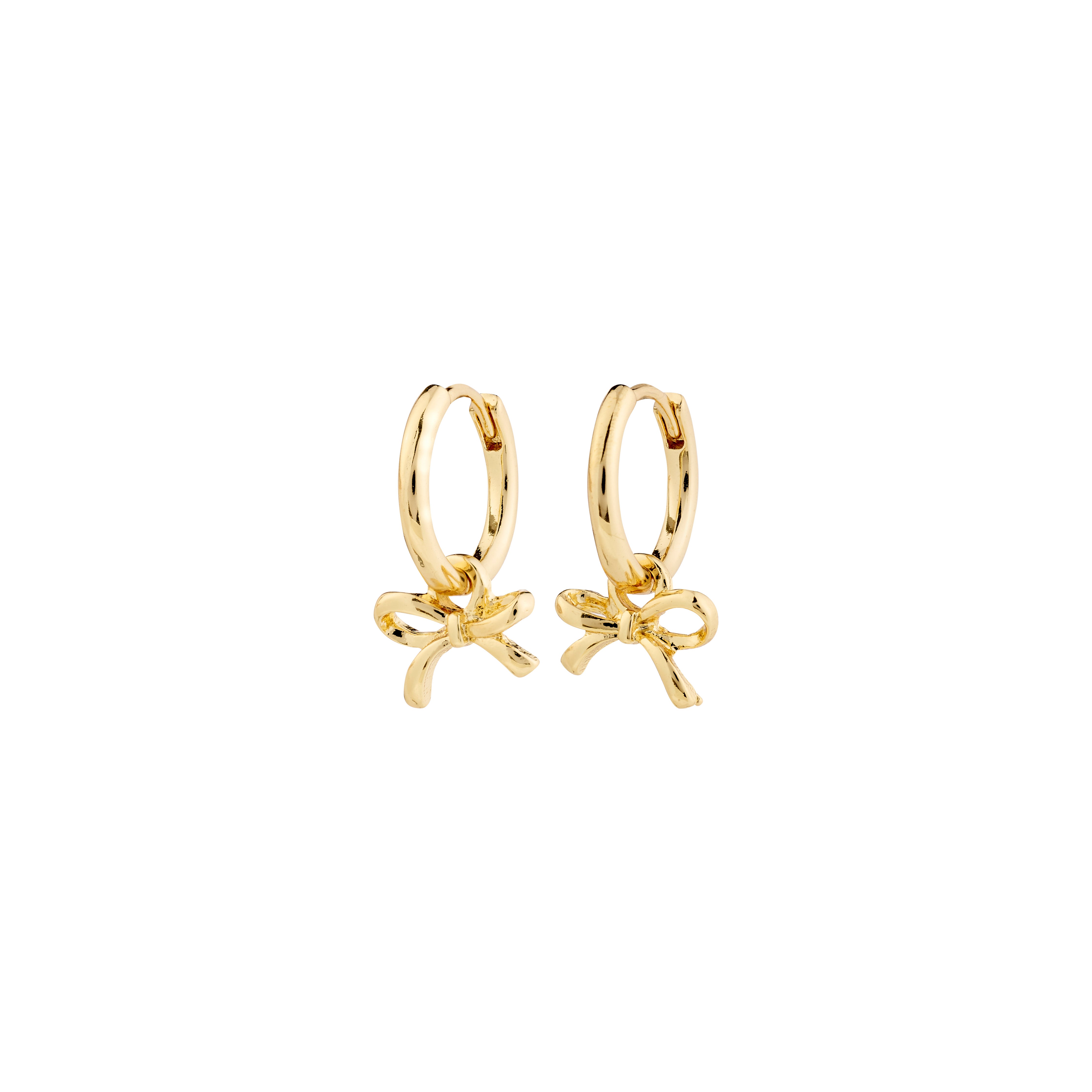 LYSANDRA hoop earrings gold-plated, featuring small huggie hoops with delicate bow pendants, crafted from 99% recycled material for a sustainable, stylish look.