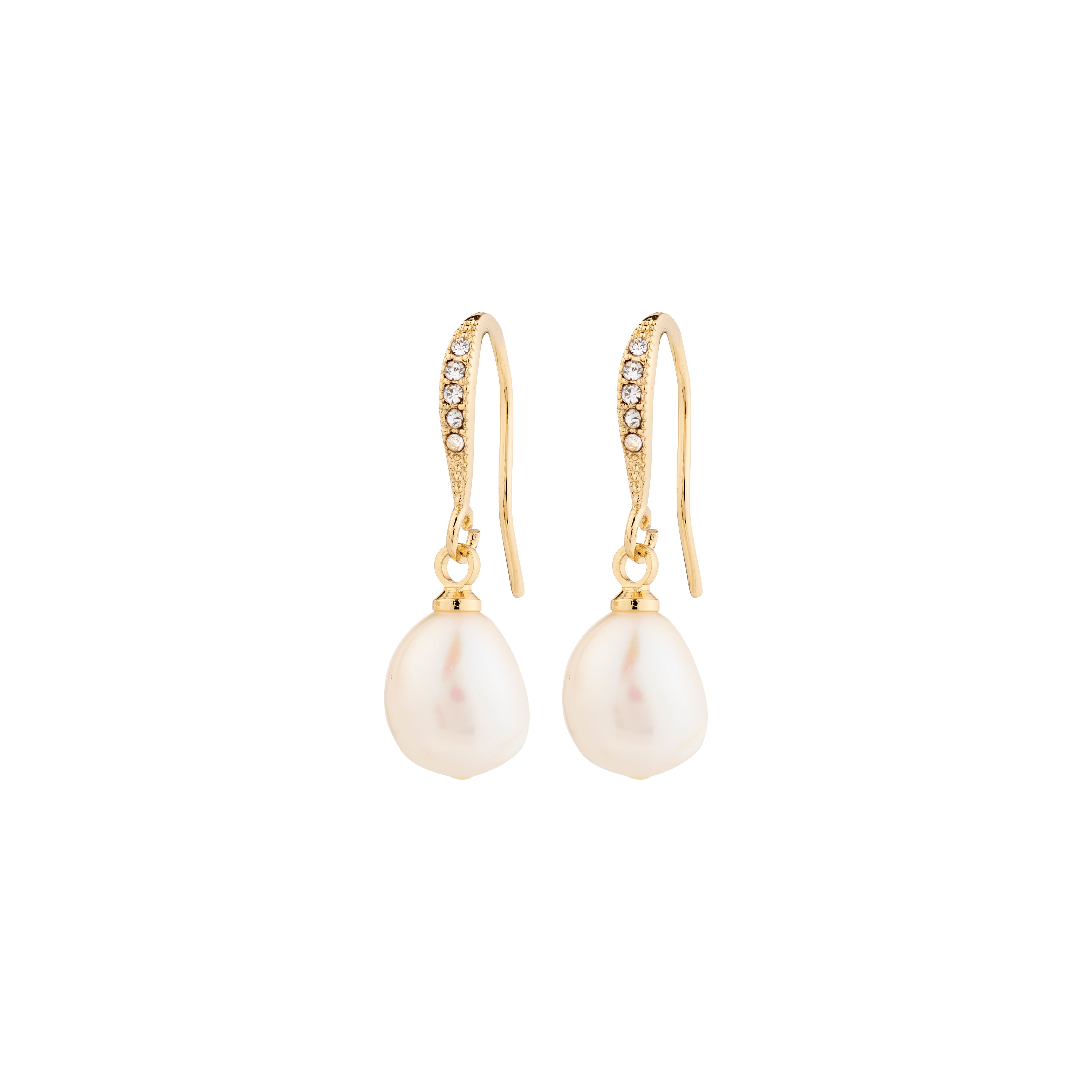 JASMIN pearl earrings, gold-plated with Preciosa crystals and freshwater pearls, offering timeless elegance and star quality from Pilgrim's trendy Danish jewelry line.