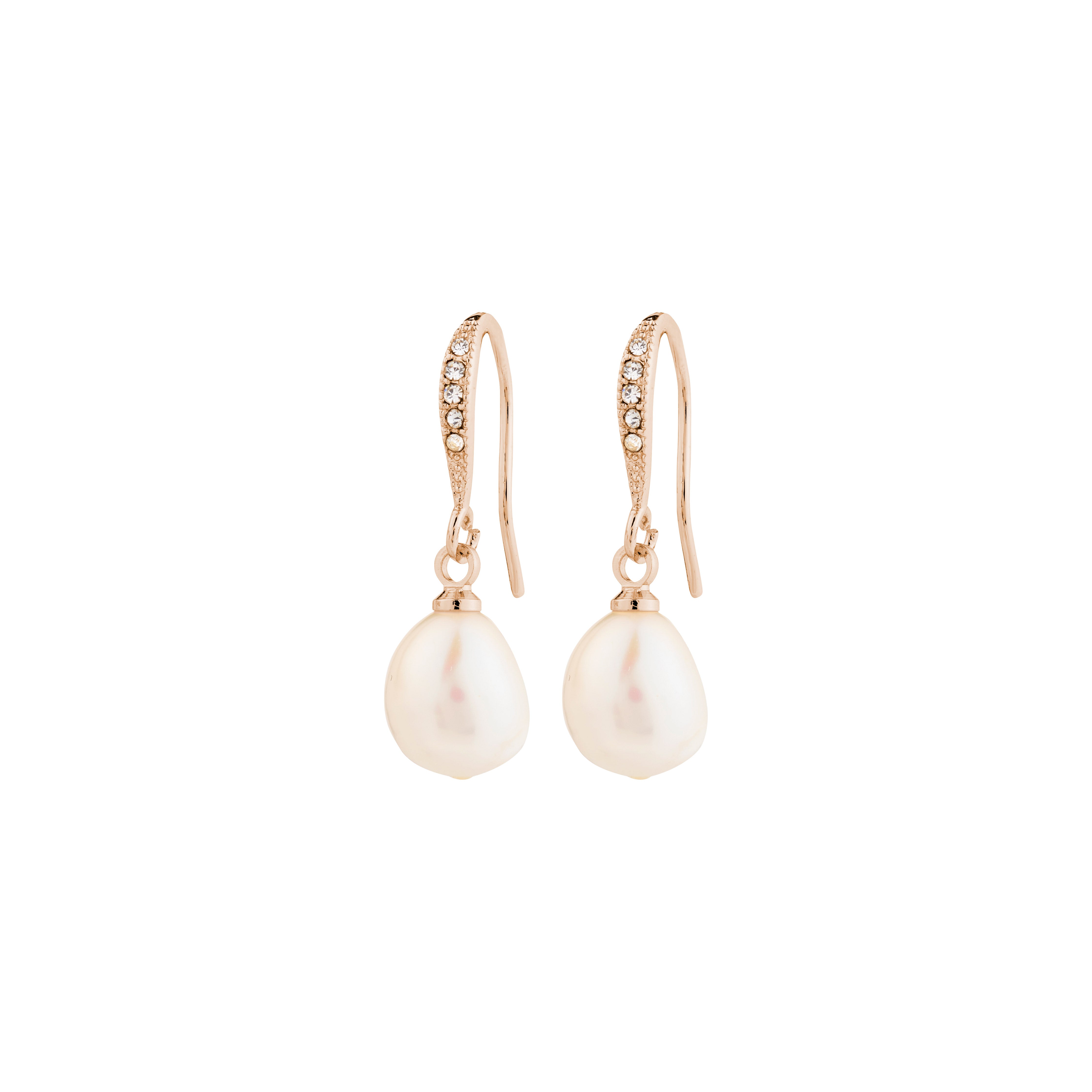 JASMIN pearl earrings in rose gold-plated hoops with sparkling Preciosa crystals and freshwater pearl pendants, showcasing Pilgrim's blend of timeless elegance and contemporary style.